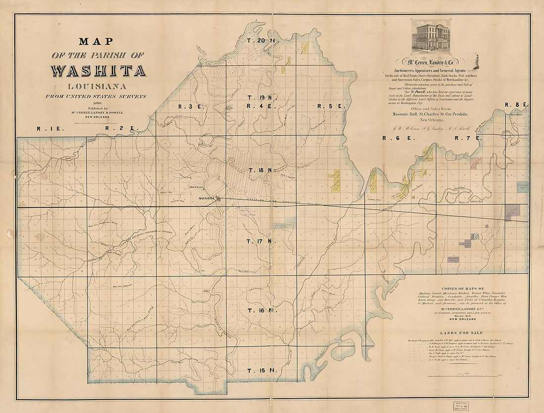 This old map of Map of the Parish of Washita, Louisiana : from United States Surveys from 1860 was created by Landry &amp; Powell McCerren in 1860