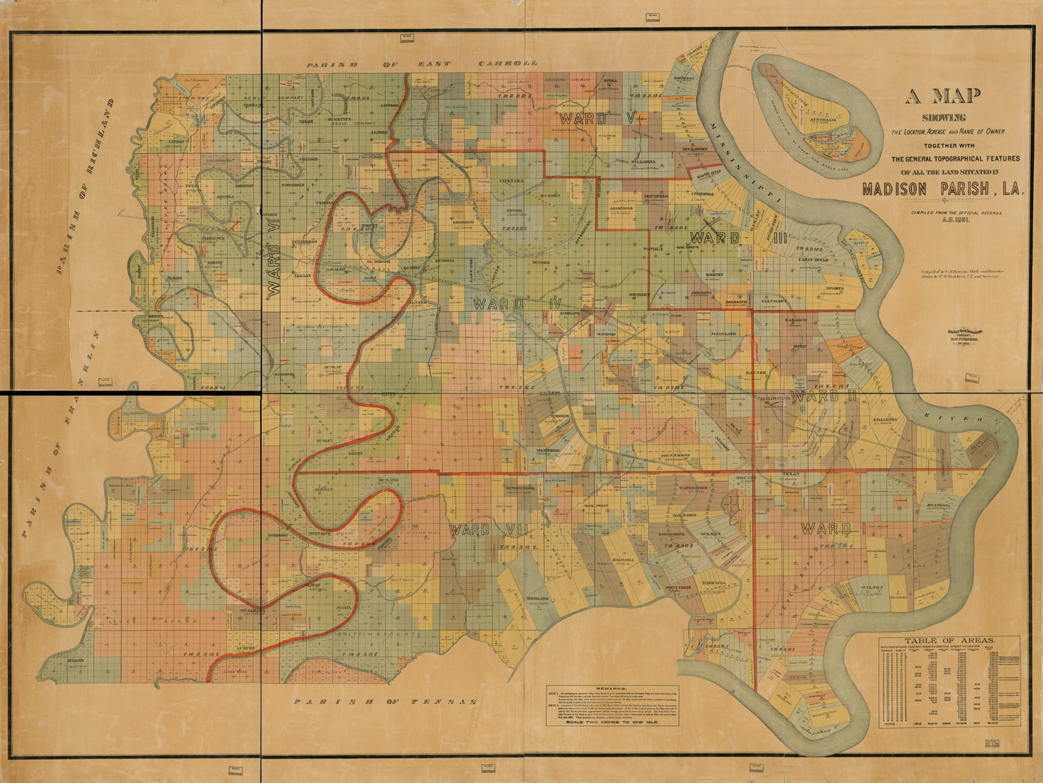 This old map of A Map Showing the Location, Acreage and Name of Owner Together With the General Topographical Features of All the Land Situated In Madison Parish, La from 1891 was created by W. M. Washburn in 1891