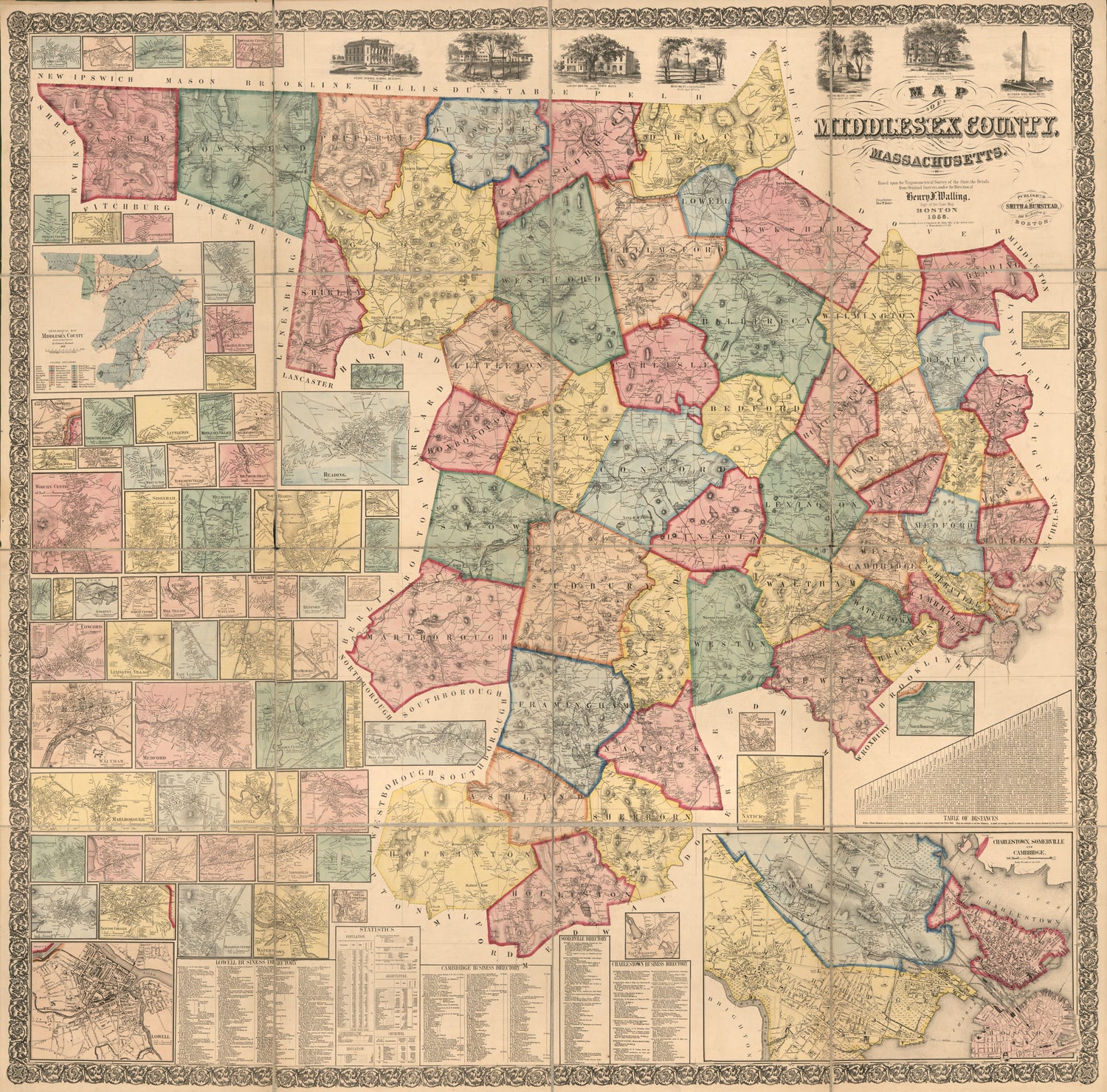 This old map of Map of Middlesex County, Massachusetts (Middlesex County, Massachusetts) from 1856 was created by T. W. Baker, Henry Francis Walling in 1856