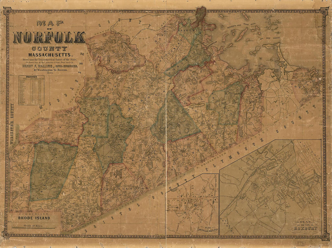 This old map of Map of Norfolk County, Massachusetts from 1853 was created by Henry Francis Walling in 1853