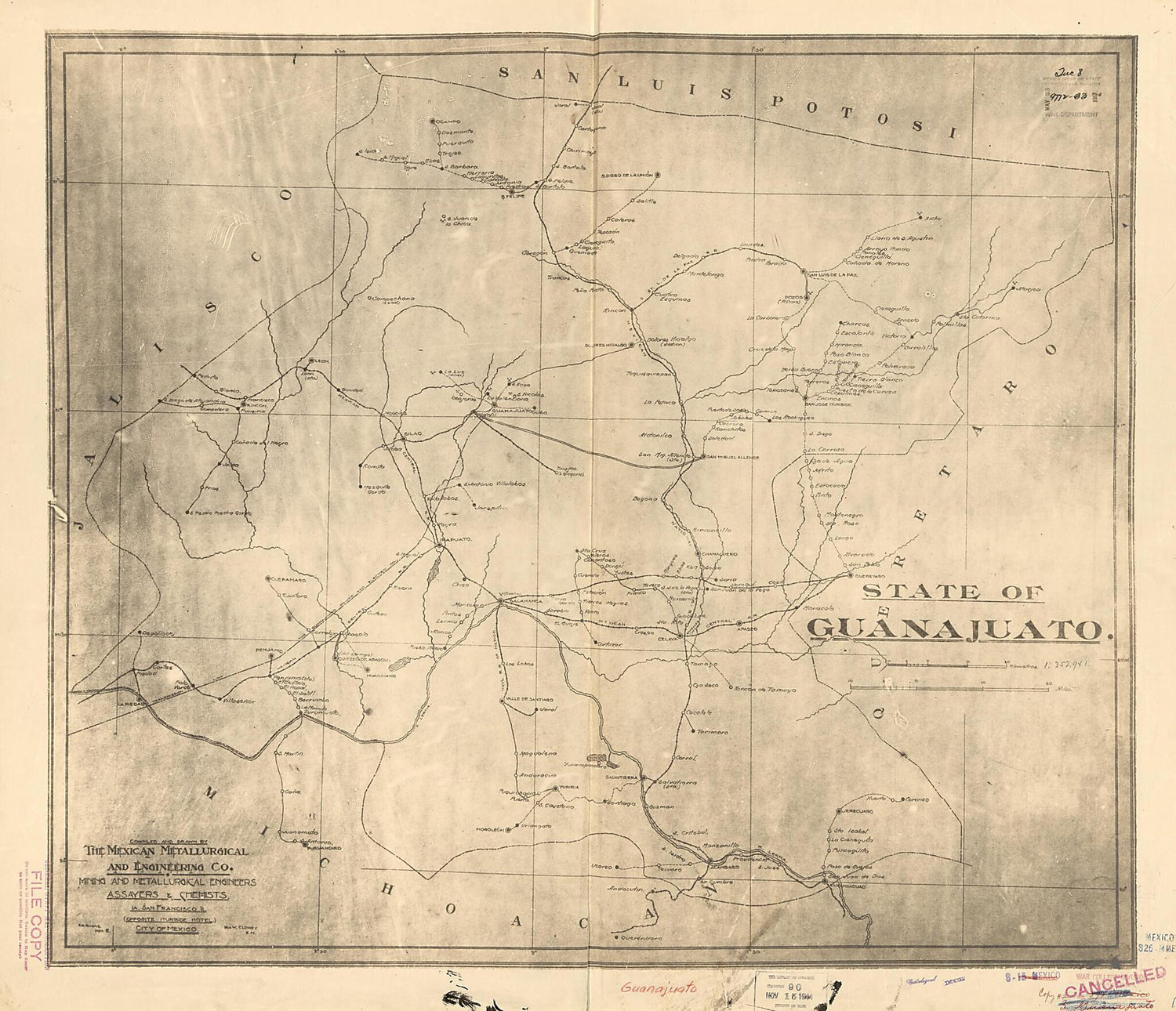 This old map of State of Guanajuato from 1910 was created by  Mexican Metallurgical and Engineering Co in 1910