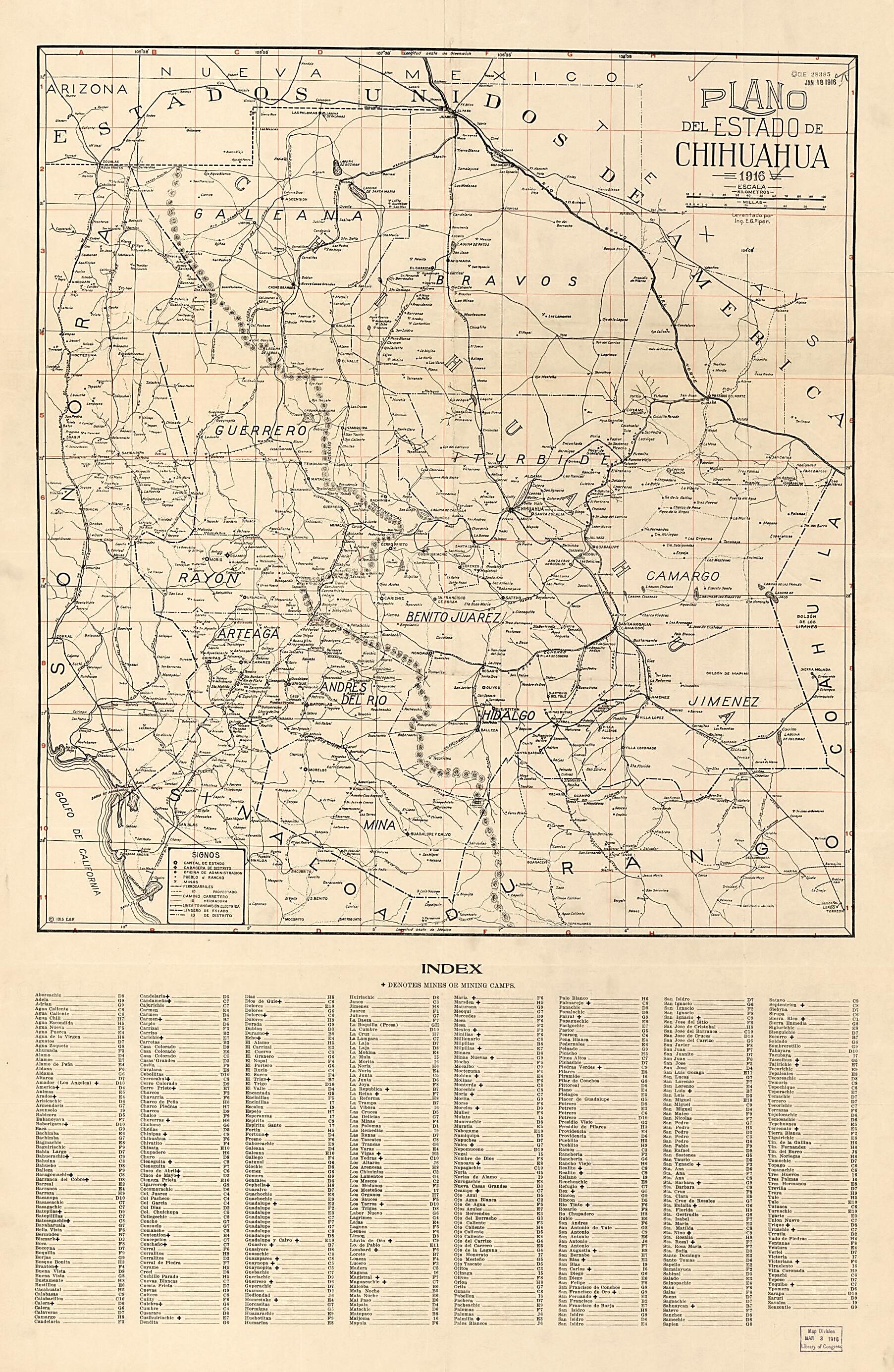 This old map of Plano Del Estado De Chihuahua from 1916 was created by E. G. Piper in 1916