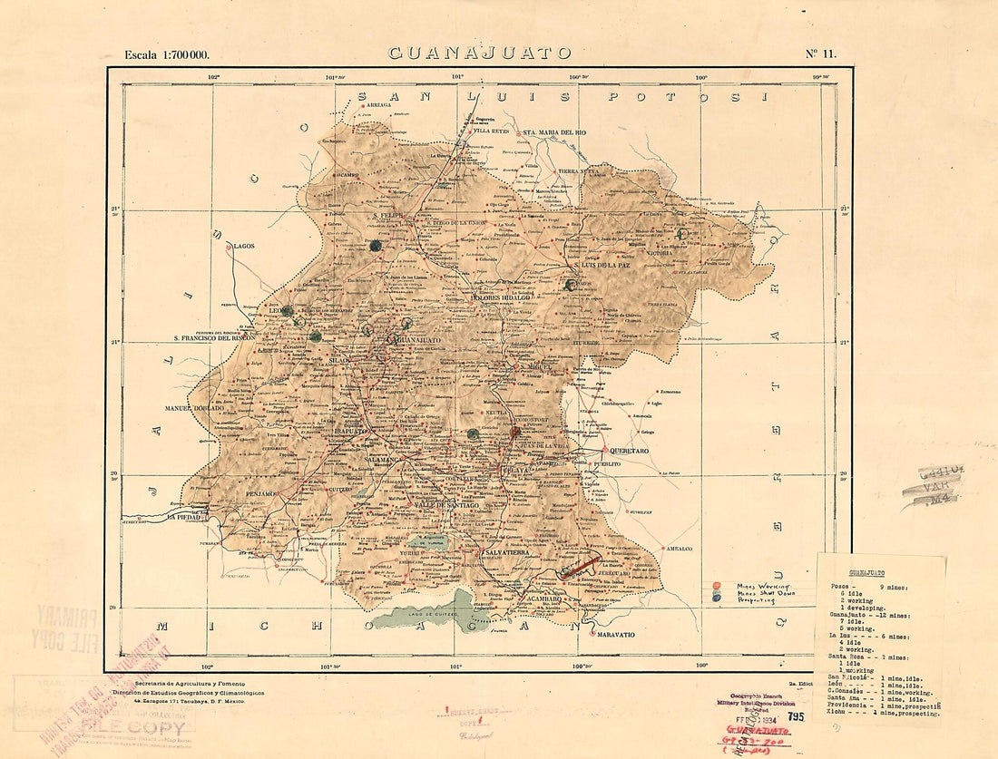 This old map of Guanajuato from 1922 was created by  Mexico. Dirección De Estudios Geográficos Y Climatológicos in 1922
