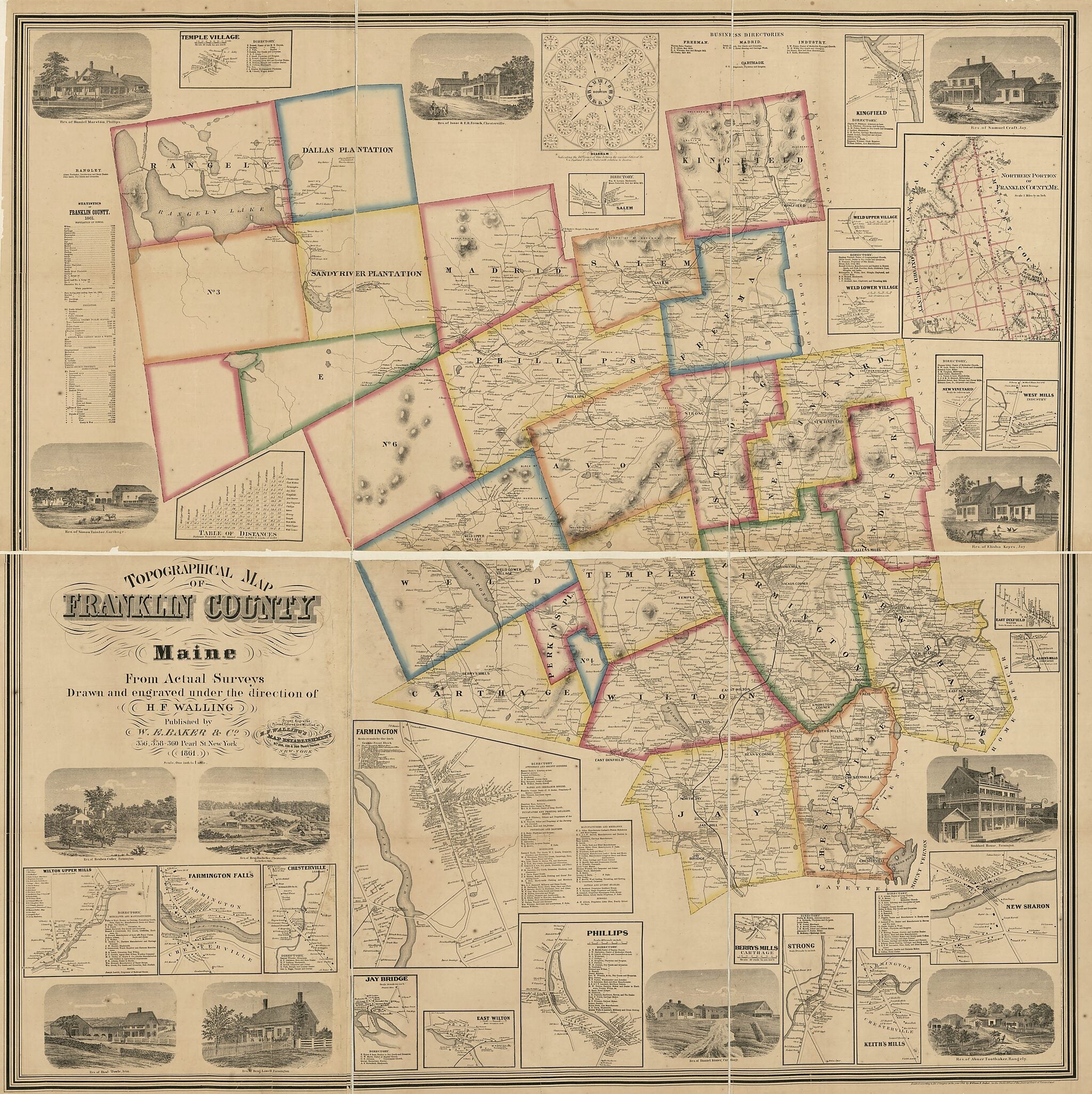 This old map of Topographical Map of Franklin County, Maine from 1861 was created by Henry Francis Walling in 1861