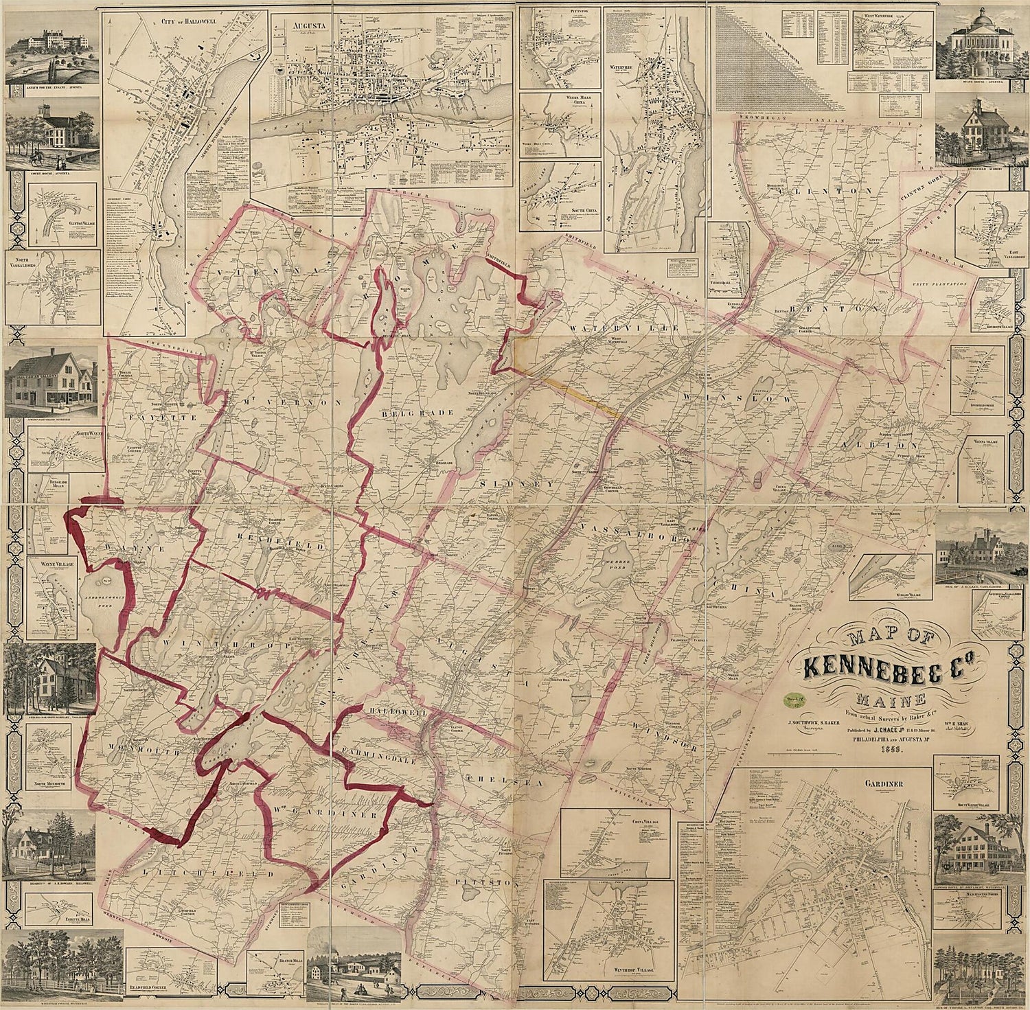 This old map of Map of Kennebec County, Maine from 1856 was created by J. Chace, J. Southwick in 1856