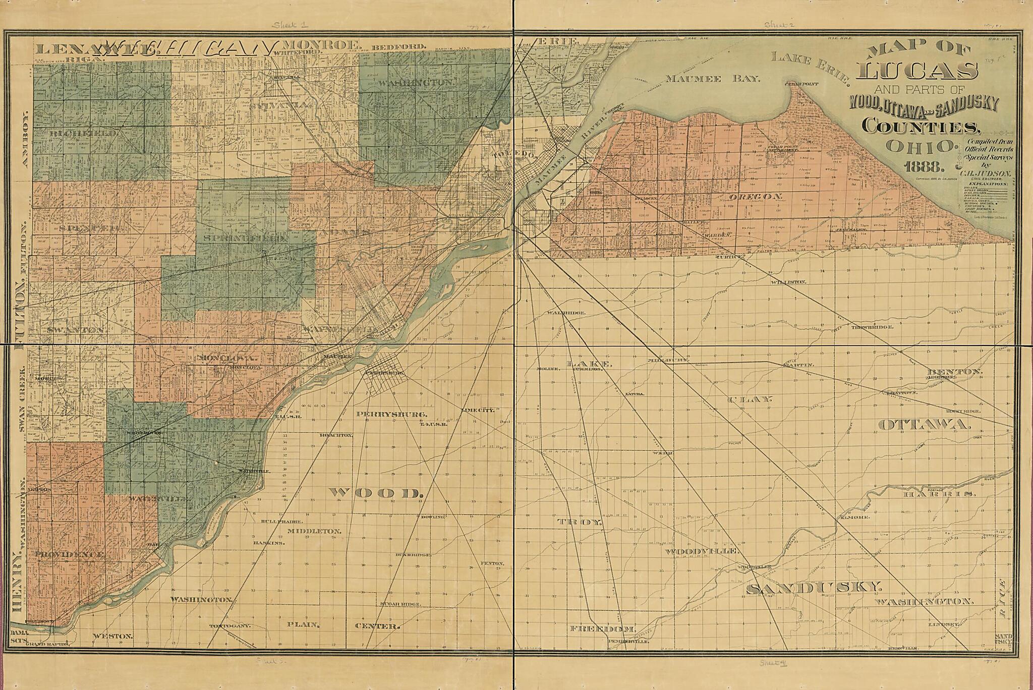 This old map of Map of Lucas and Parts of Wood, Ottawa and Sandusky Counties, Ohio from 1888 was created by C. H. Judson,  Locke &amp; Trowbridge in 1888
