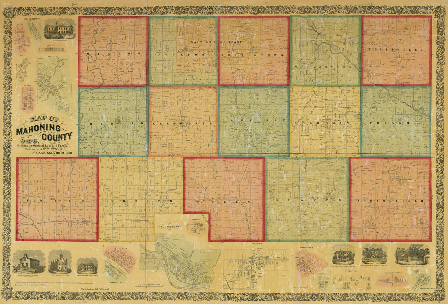 This old map of Map of Mahoning County, Ohio : Showing the Original Lots and Farm from 1860 was created by J. W. Canfield, William Schuchman in 1860