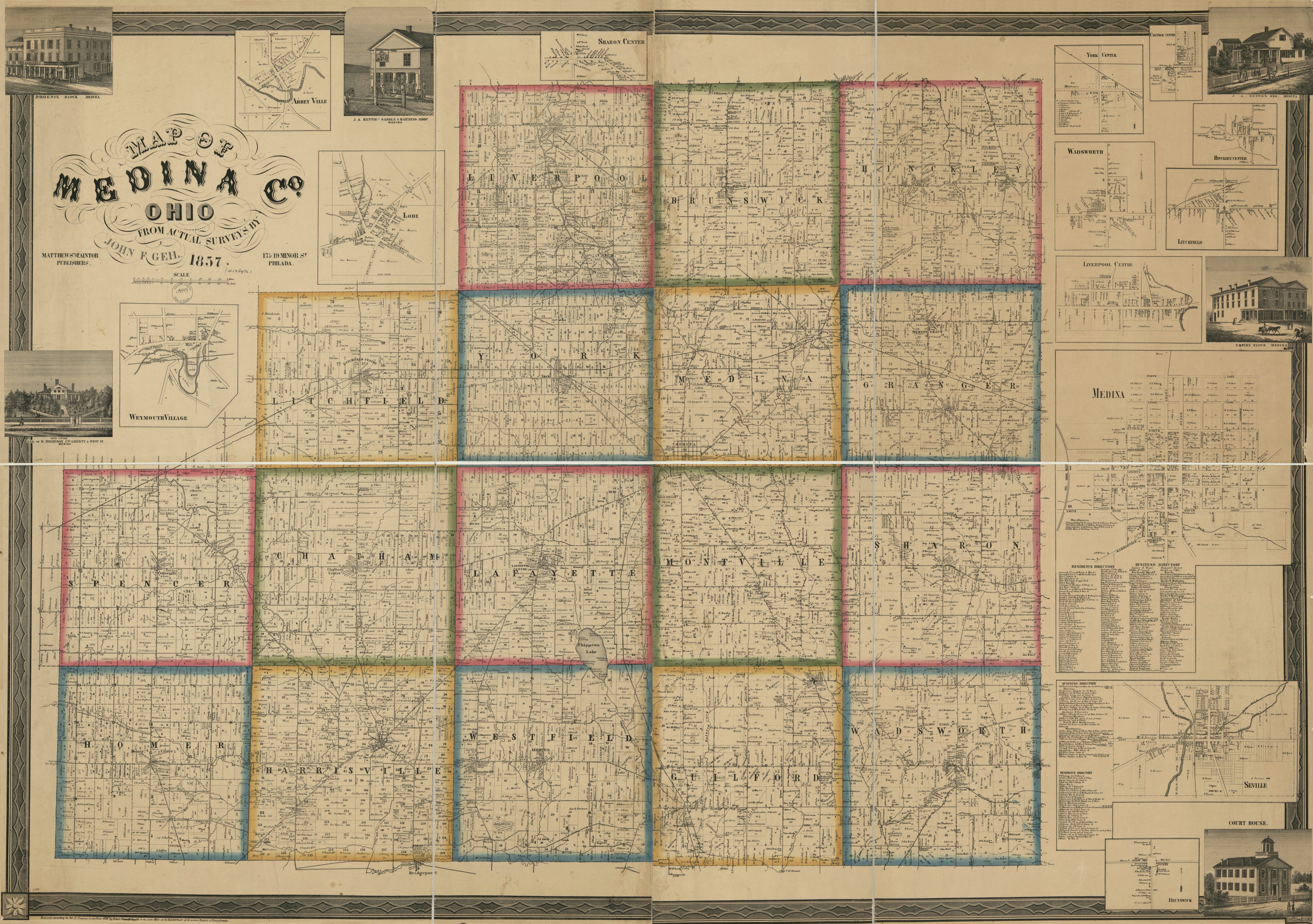 This old map of Map of Medina Co., Ohio from 1857 was created by John F. Geil in 1857