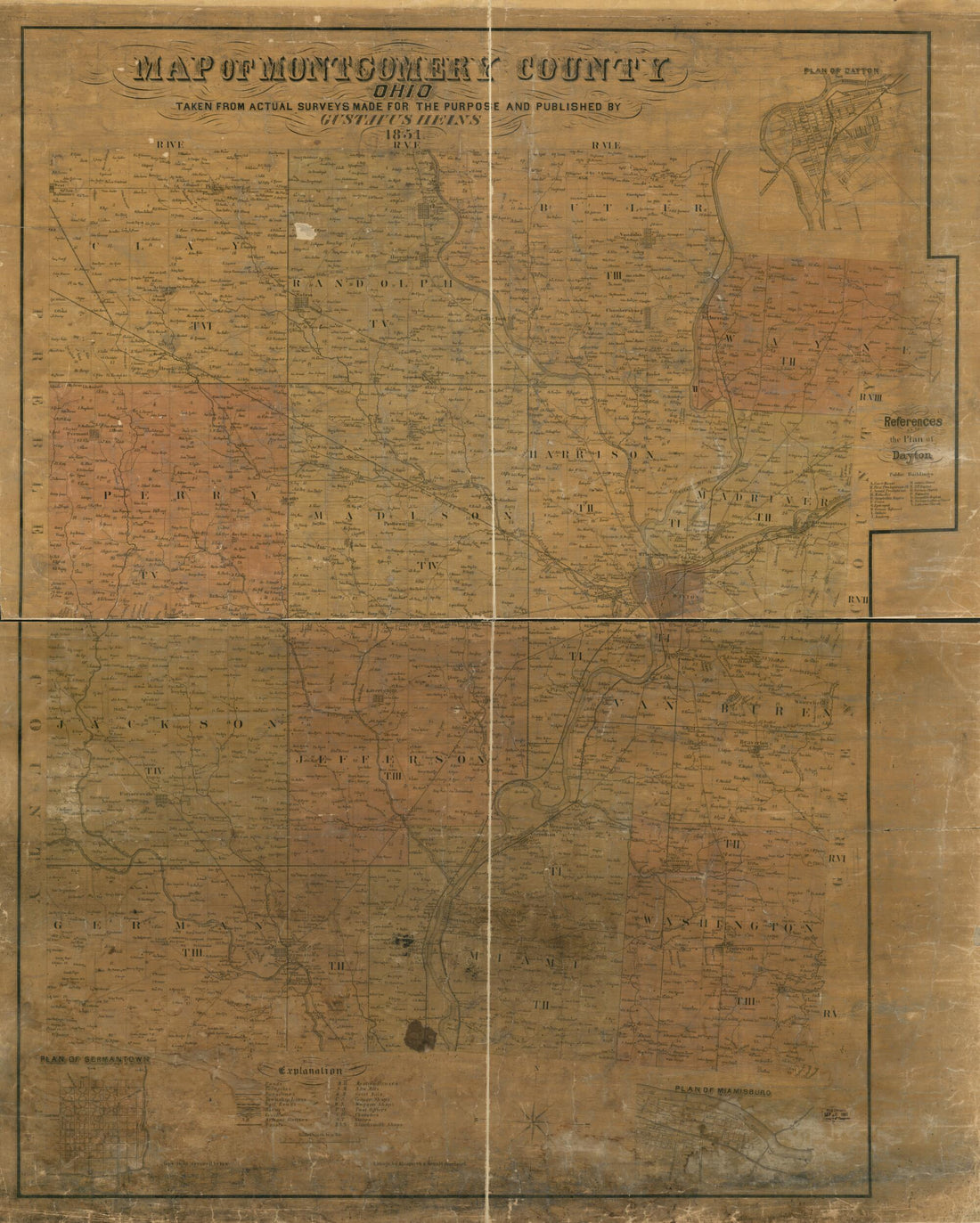This old map of Map of Montgomery County, Ohio from 1851 was created by Gustavus Heins,  Klauprech &amp; Menzel in 1851