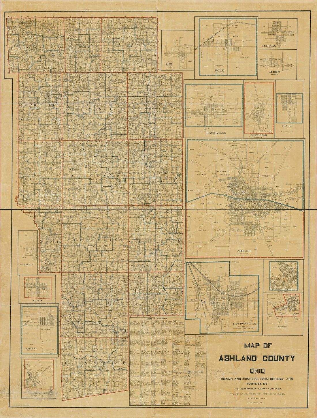 This old map of Map of Ashland County, Ohio from 1897 was created by F. L. Niederheiser in 1897