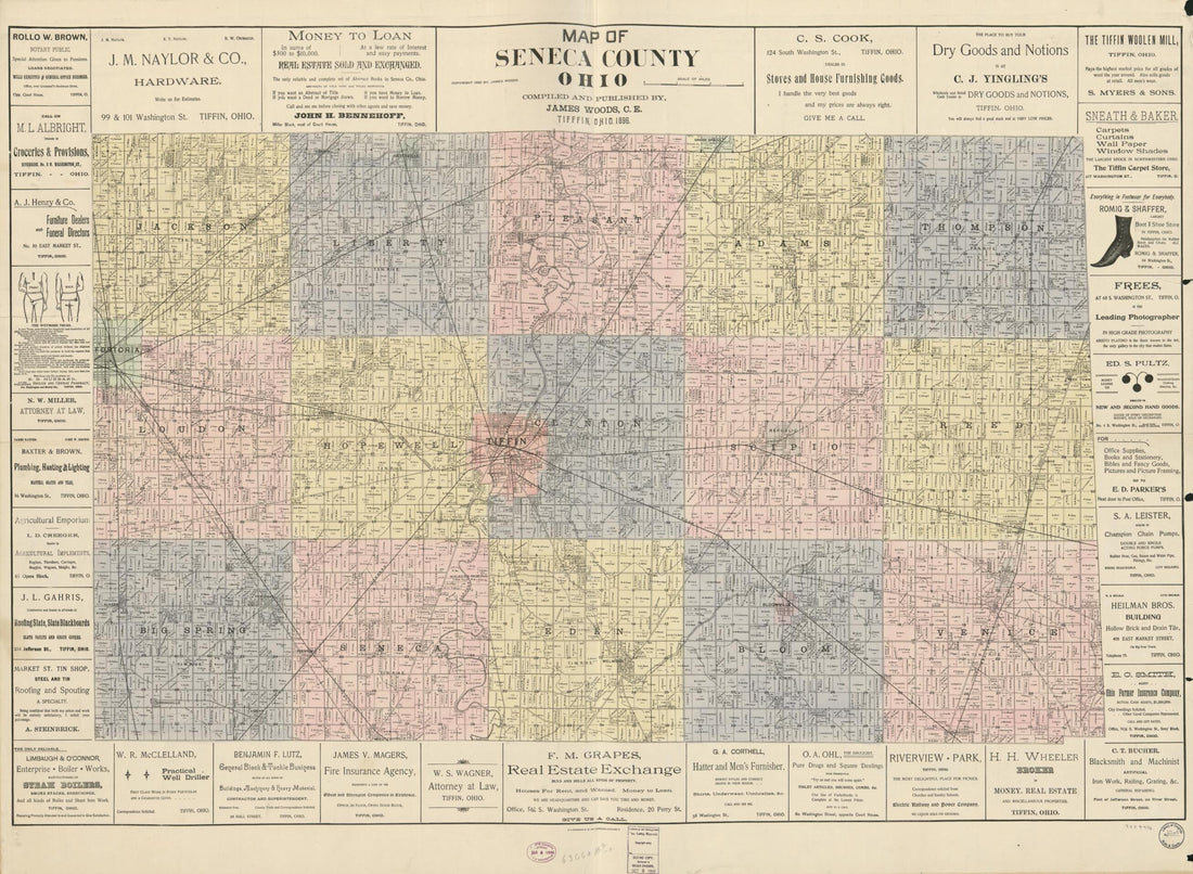 This old map of Map of Seneca County, Ohio from 1896 was created by  H.B. Stranahan &amp; Co, James Woods in 1896