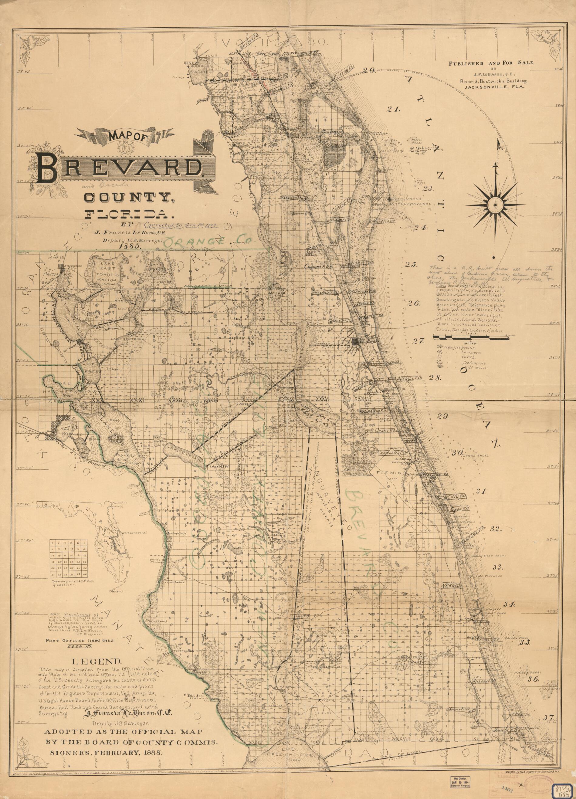 This old map of Map of Brevard County, Florida from 1893 was created by  Forbes Lithograph Manufacturing Company, J. Francis Le Baron in 1893