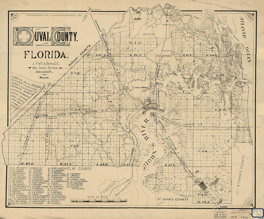 This old map of Duval County, Florida from 1885 was created by J. Francis Le Baron in 1885