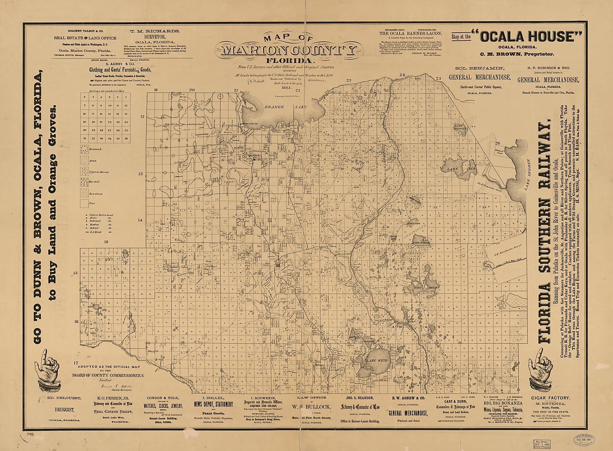 This old map of Map of Marion County, Florida : from U.S. Surveys and Other Official and Original Sources Showing All Lands Belonging to the U.S. State Railroad and Disston to Oct. 15th from 1883 was created by F. (Frederick) Bourquin, J. W. Bushnell, A.