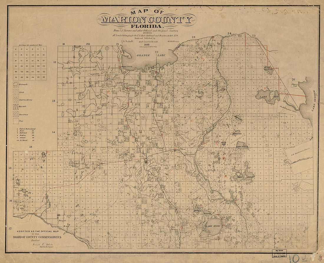 This old map of Map of Marion County, Florida : from U.S. Surveys and Other Official and Original Sources Showing All Lands Belonging to the U.S. State Railroad and Disston to Oct. 15th from 1885 was created by F. (Frederick) Bourquin, J. W. Bushnell, A.