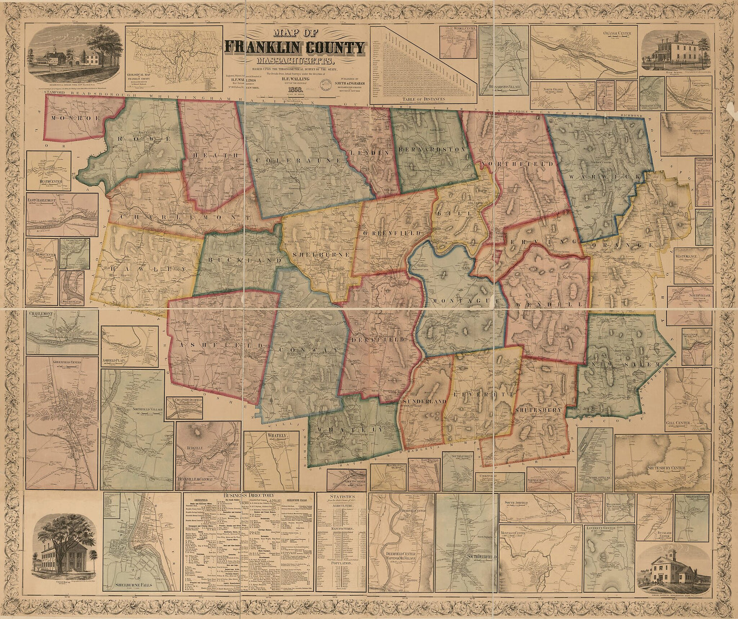 This old map of Map of Franklin County, Massachusetts : Based On the Trigonometrical Survey of the State : Details from Original Surveys from 1858 was created by Henry Francis Walling in 1858