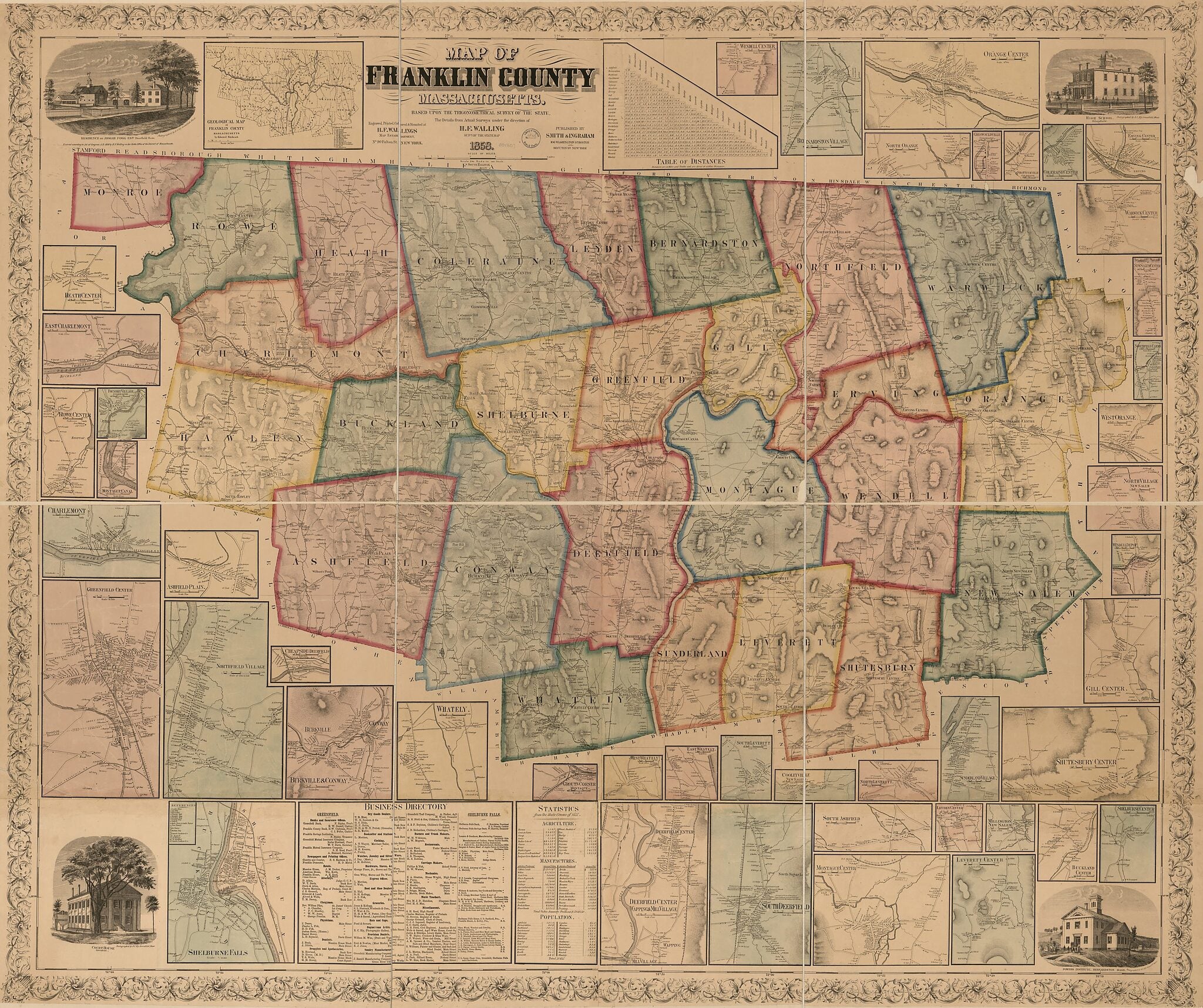 This old map of Map of Franklin County, Massachusetts : Based On the Trigonometrical Survey of the State : Details from Original Surveys from 1858 was created by Henry Francis Walling in 1858