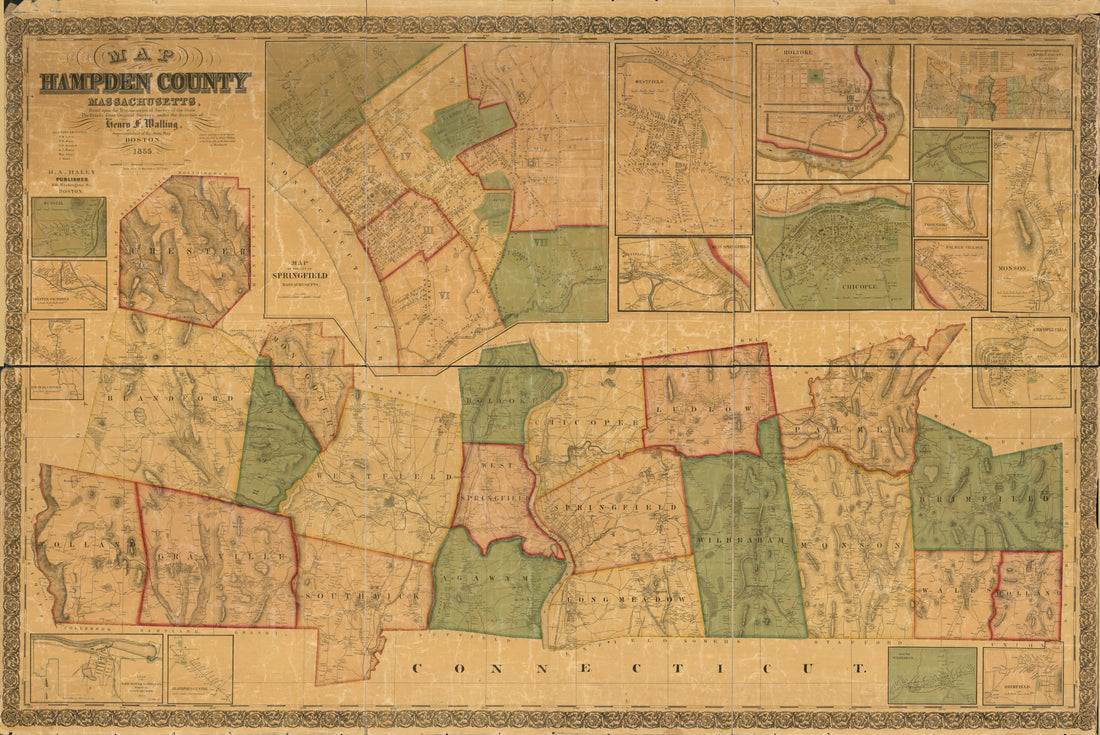 This old map of Map of Hampden County, Massachusetts from 1855 was created by Henry Francis Walling in 1855