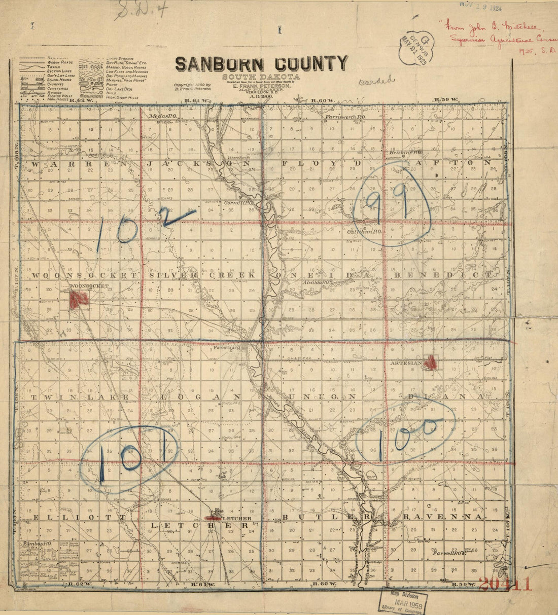 This old map of Sanborn County, South Dakota : Compiled and Drawn from a Special Survey and Official Records from 1900 was created by E. Frank Peterson in 1900