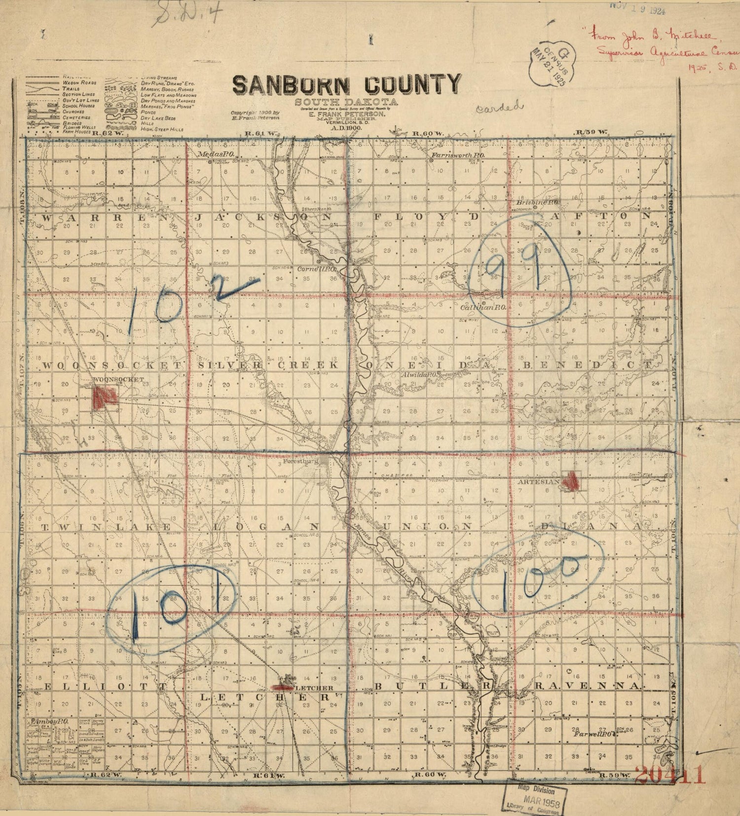 This old map of Sanborn County, South Dakota : Compiled and Drawn from a Special Survey and Official Records from 1900 was created by E. Frank Peterson in 1900