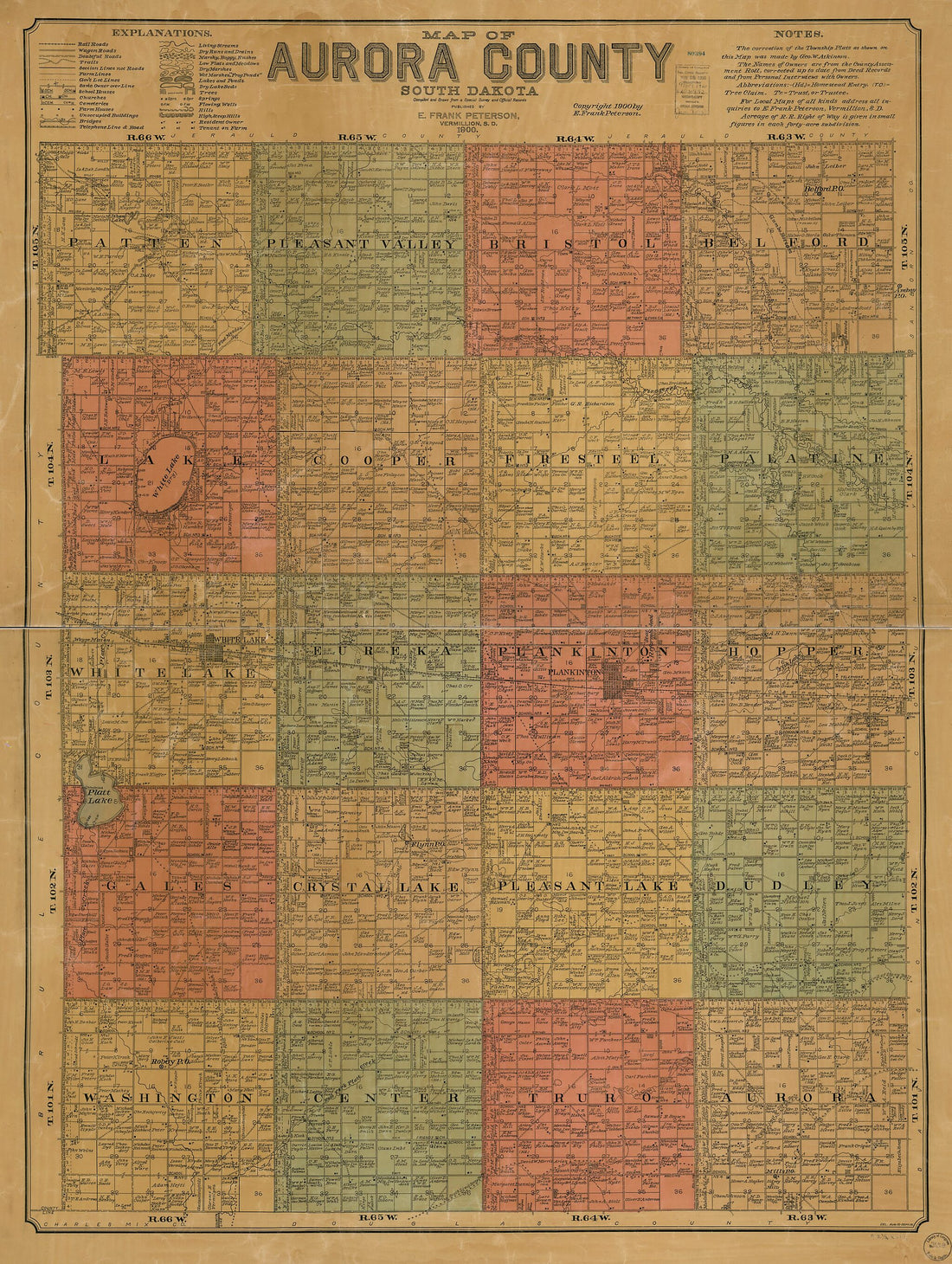 This old map of Map of Aurora County, South Dakota : Compiled and Drawn from a Special Survey and Official Records from 1900 was created by E. Frank Peterson in 1900
