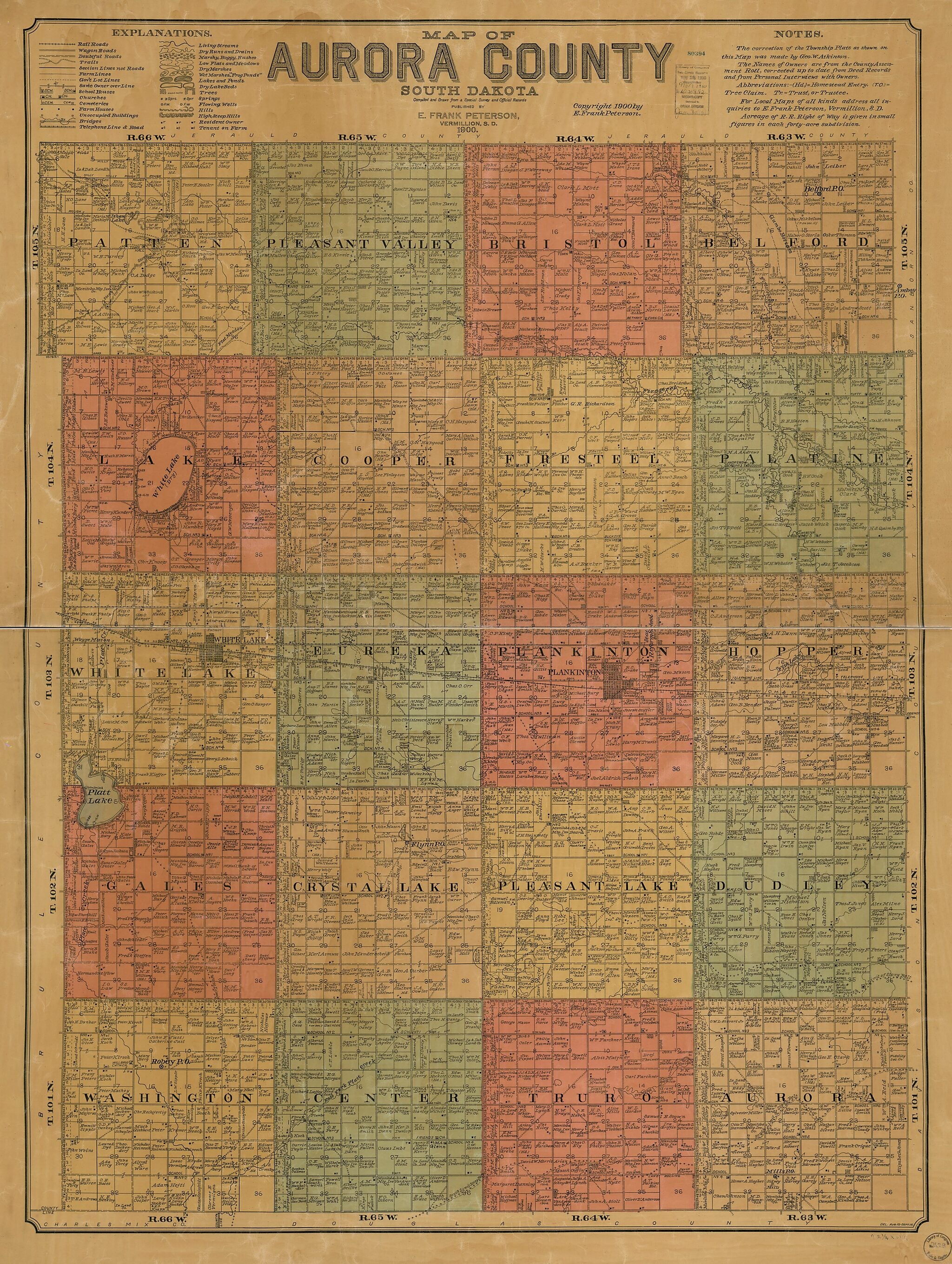 This old map of Map of Aurora County, South Dakota : Compiled and Drawn from a Special Survey and Official Records from 1900 was created by E. Frank Peterson in 1900