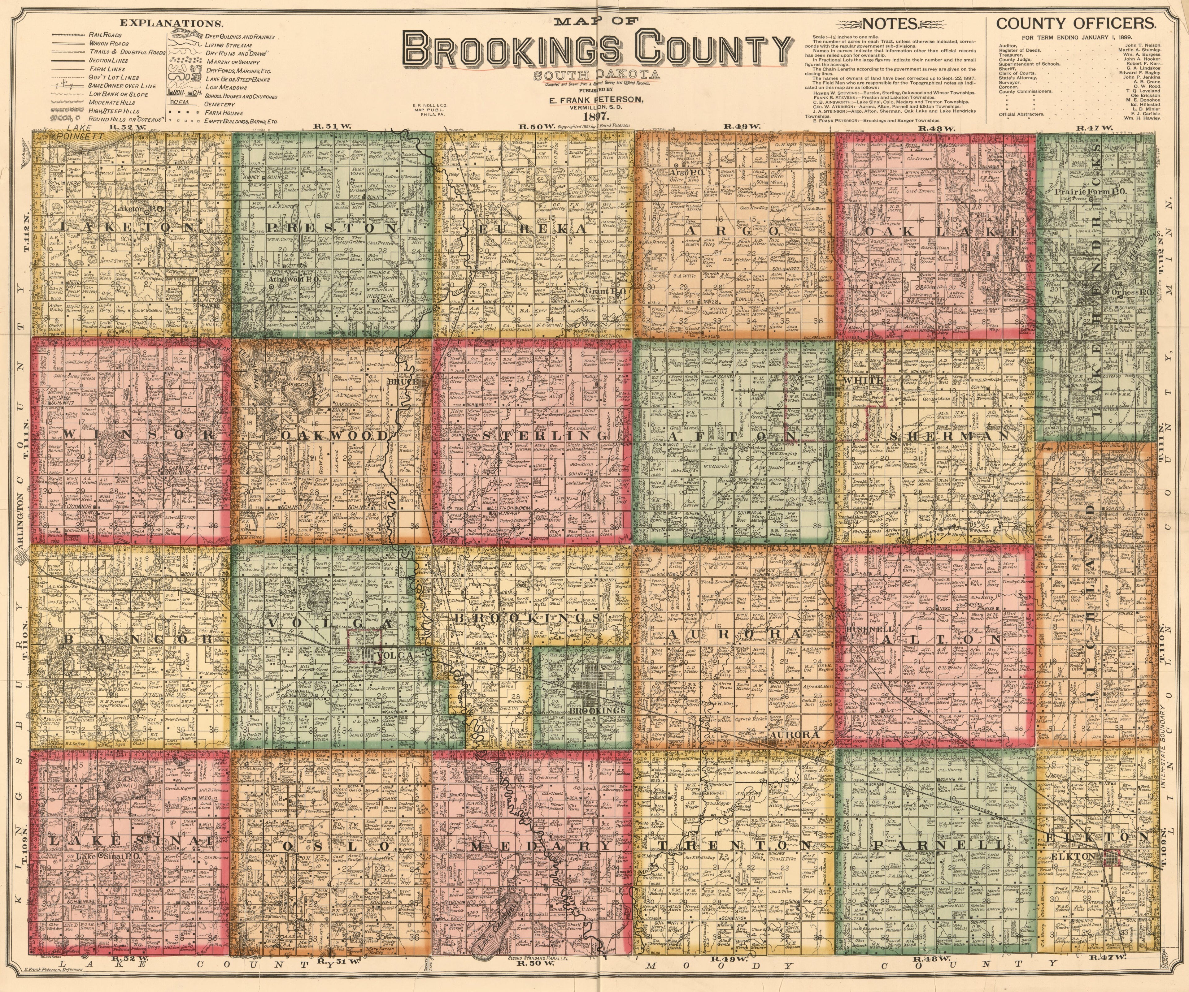 This old map of Map of Brookings County, South Dakota : Compiled and Drawn from a Special Survey and from Official Records from 1897 was created by  E.P. Noll &amp; Co, E. Frank Peterson in 1897