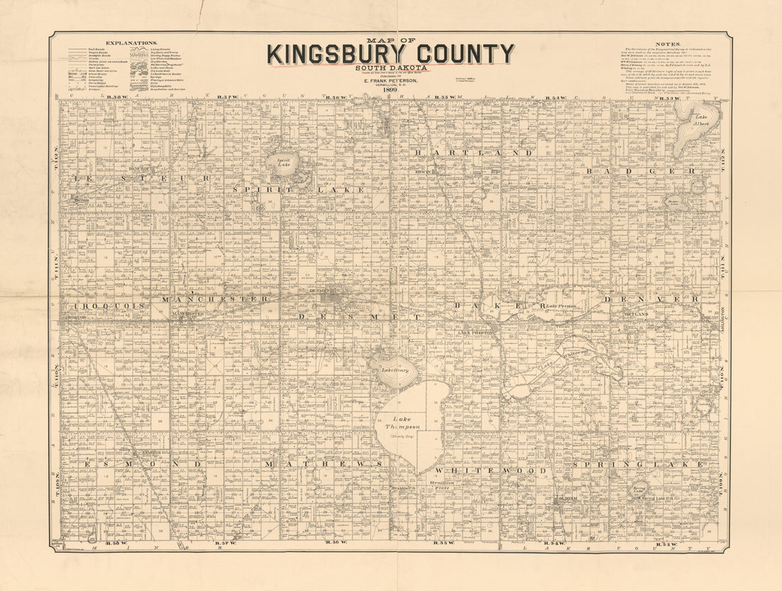 This old map of Map of Kingsbury County, South Dakota : Compiled and Drawn from a Special Survey and Official Records from 1899 was created by E. Frank Peterson in 1899