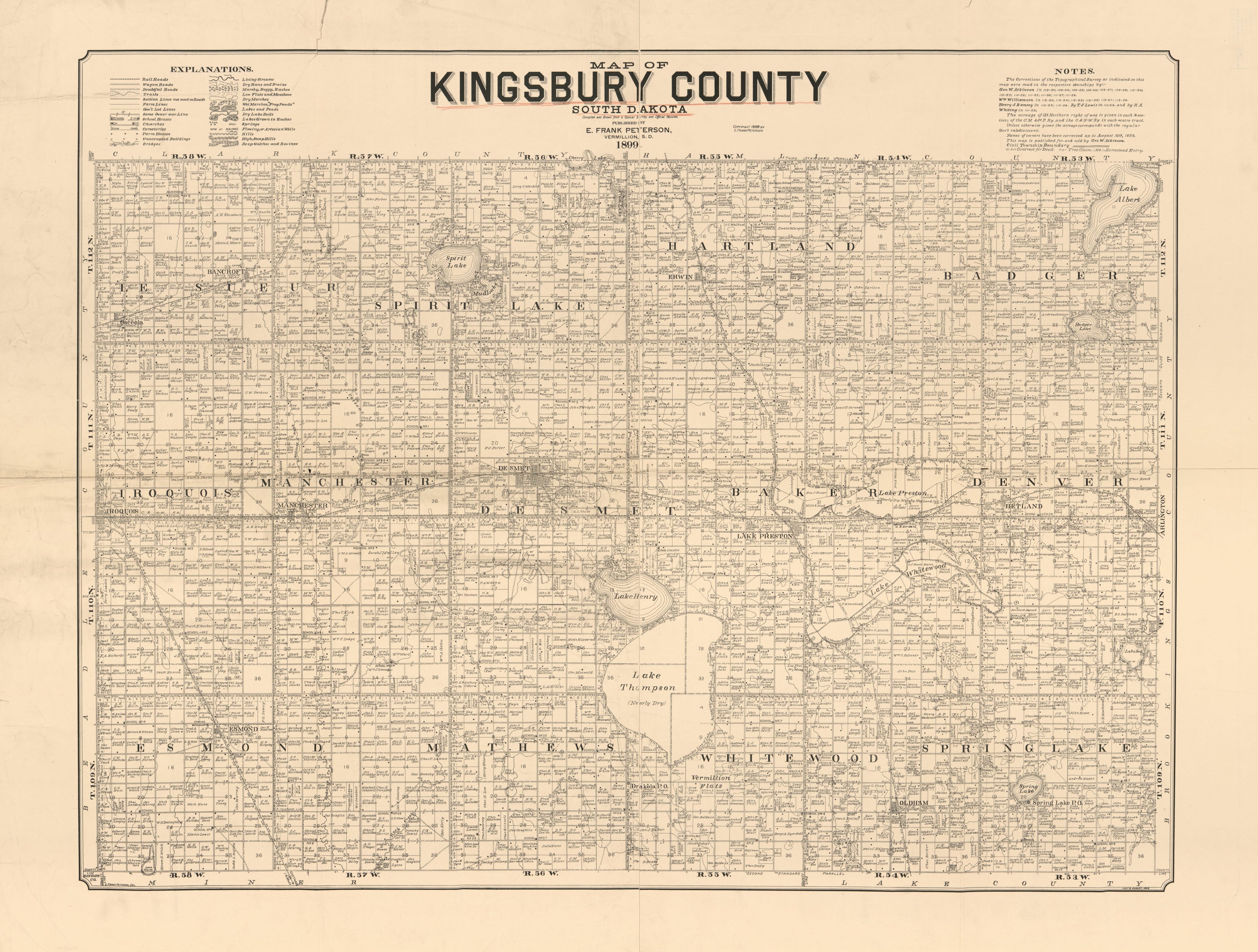 This old map of Map of Kingsbury County, South Dakota : Compiled and Drawn from a Special Survey and Official Records from 1899 was created by E. Frank Peterson in 1899