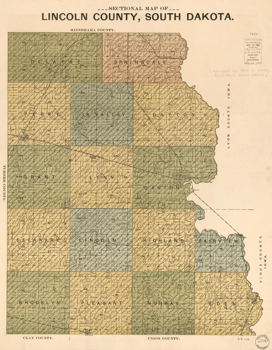 This old map of Sectional Map of Lincoln County, South Dakota from 1899 was created by Mark D. Scott in 1899