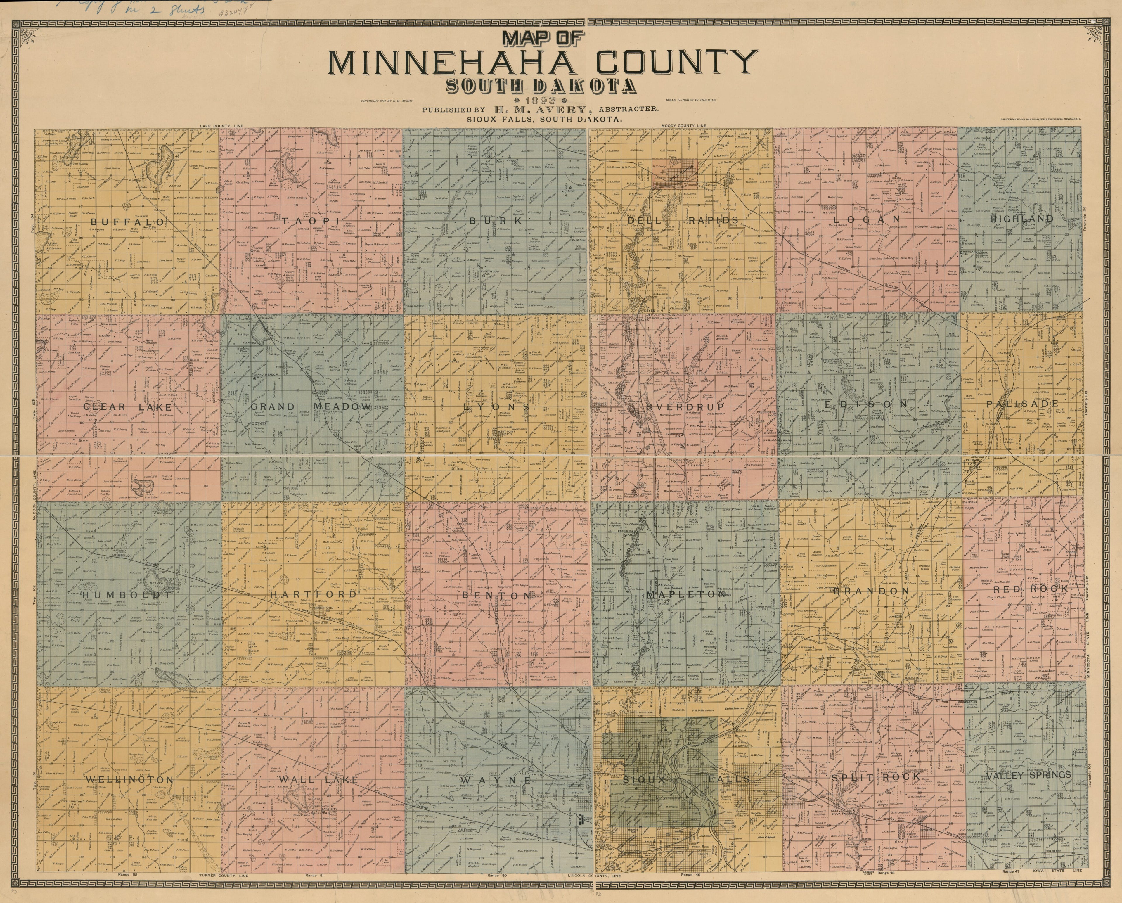 This old map of Map of Minnehaha County, South Dakota from 1893 was created by H. M. Avery,  H.B. Stranahan &amp; Co in 1893