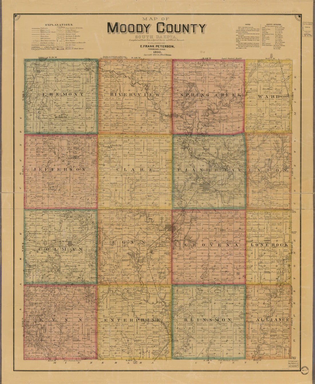 This old map of Map of Moody County, South Dakota : Compiled and Drawn from a Special Survey and Official Records from 1896 was created by E. Frank Peterson in 1896
