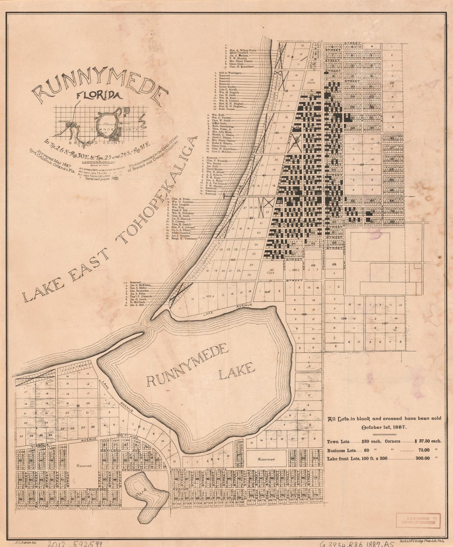 This old map of Runnymede Florida from 1887 was created by A. C. Aldrich,  Burk &amp; McFetridge in 1887