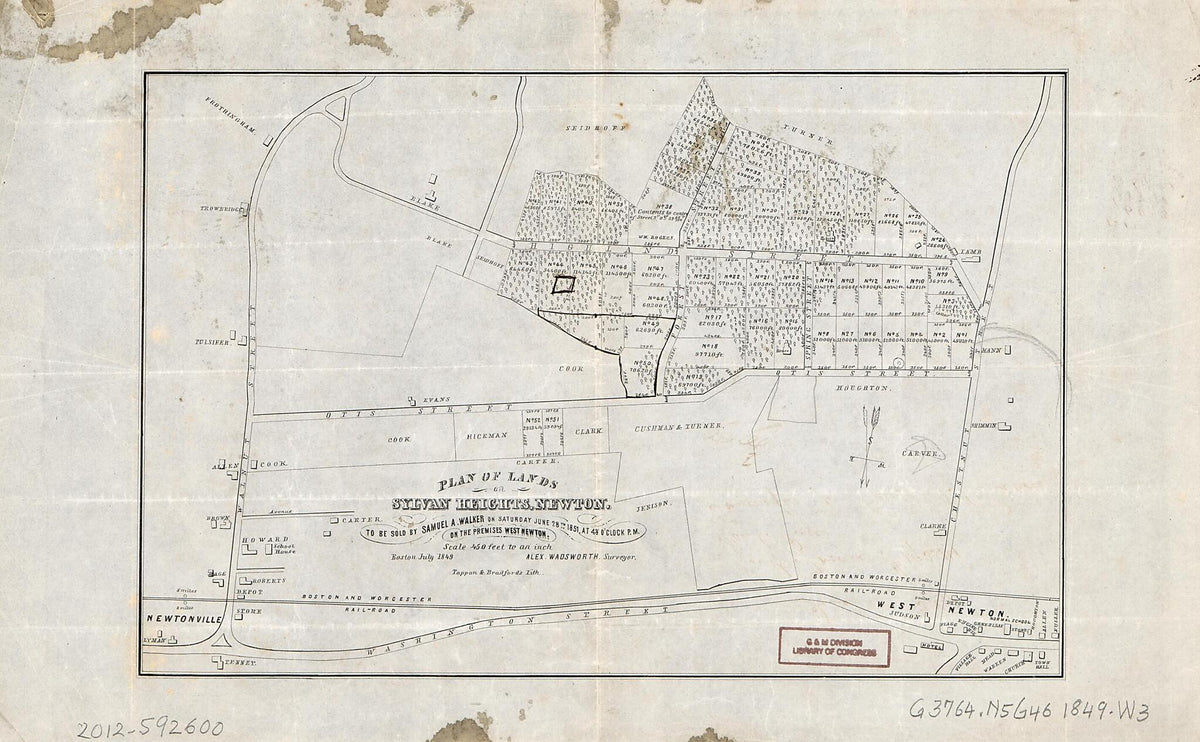Plan of Lands On Sylvan Heights, Newton to Be Sold by Samuel A. Walker On Saturday, June 28th, 1851 at 4 O&