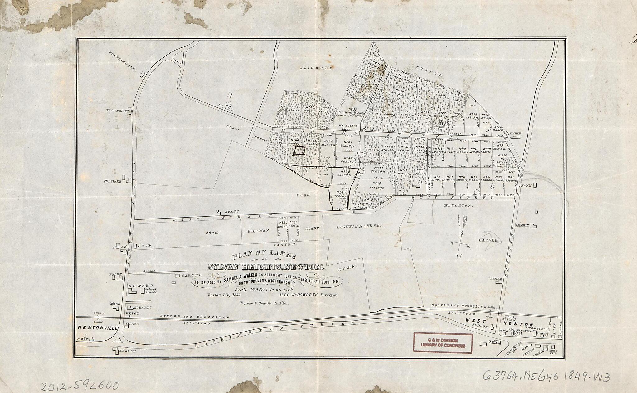 This old map of Plan of Lands On Sylvan Heights, Newton to Be Sold by Samuel A. Walker On Saturday, June 28th, 1851 at 4 O&