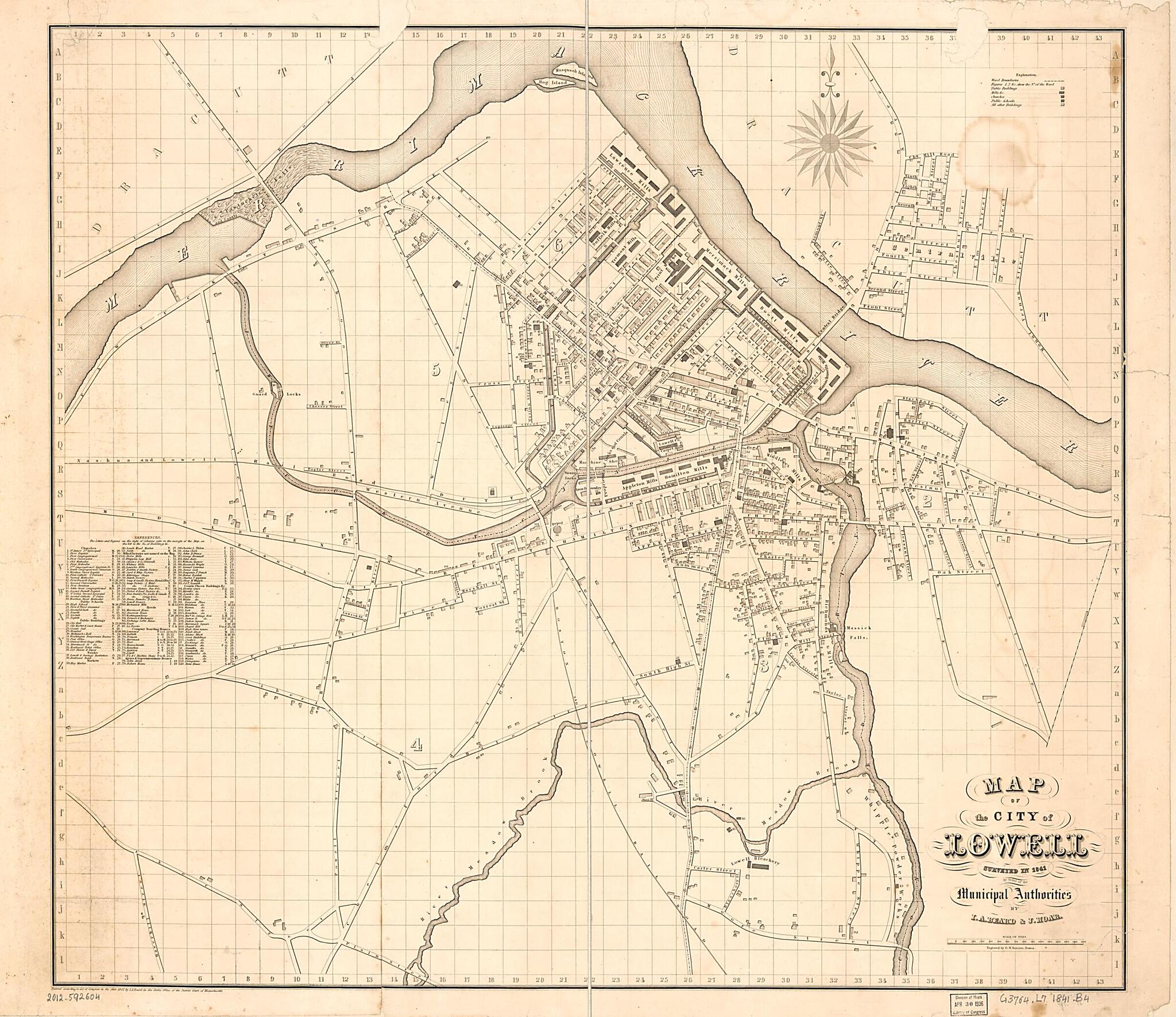 This old map of Map of the City of Lowell : Surveyed In from 1841 by Order of the Municipal Authorities was created by Ithamar A. Beard, George W. Boynton, J. Hoar in 1841