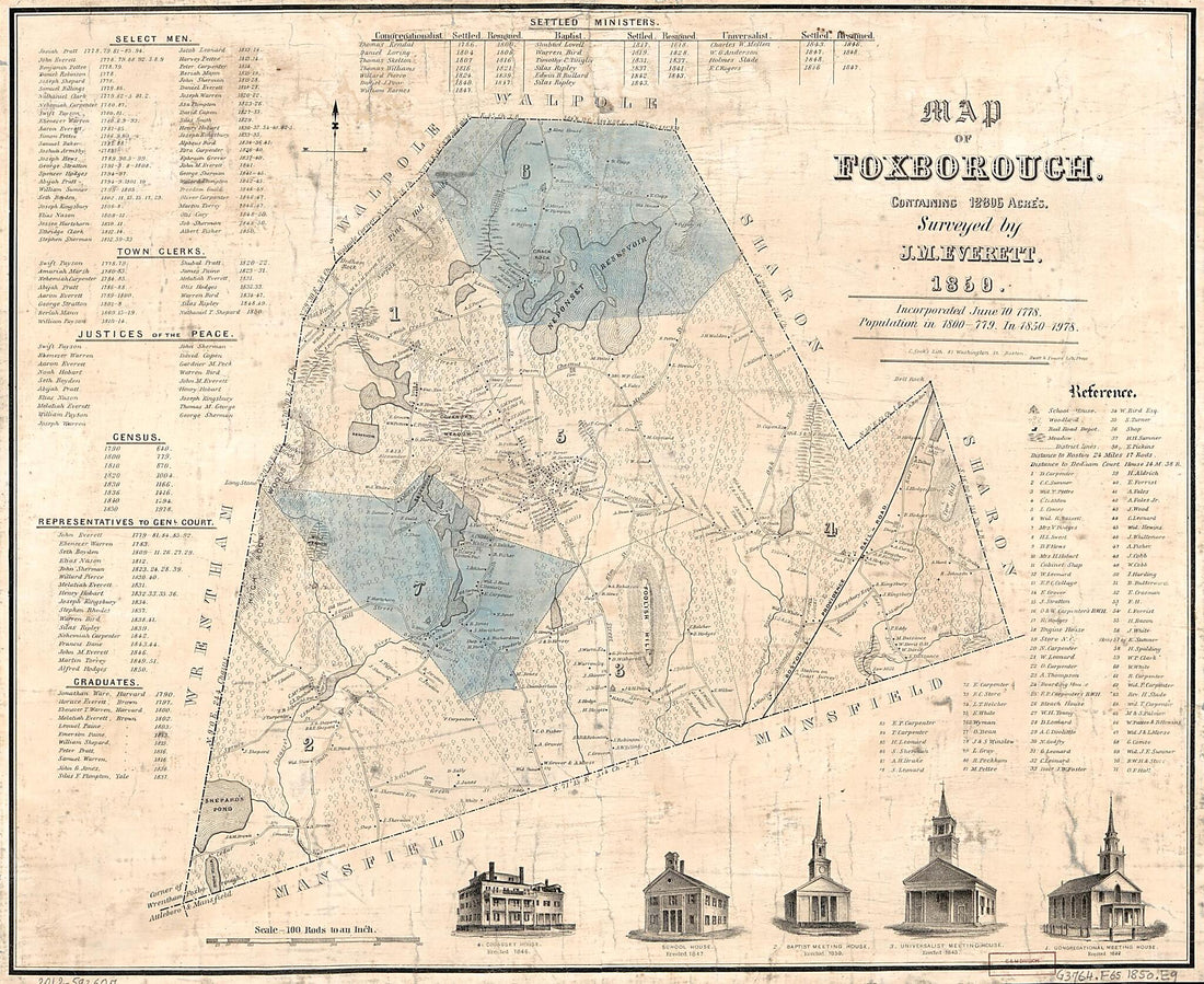 This old map of Map of Foxborough : Containing 12806 Acres from 1850 was created by J. M. Everett in 1850