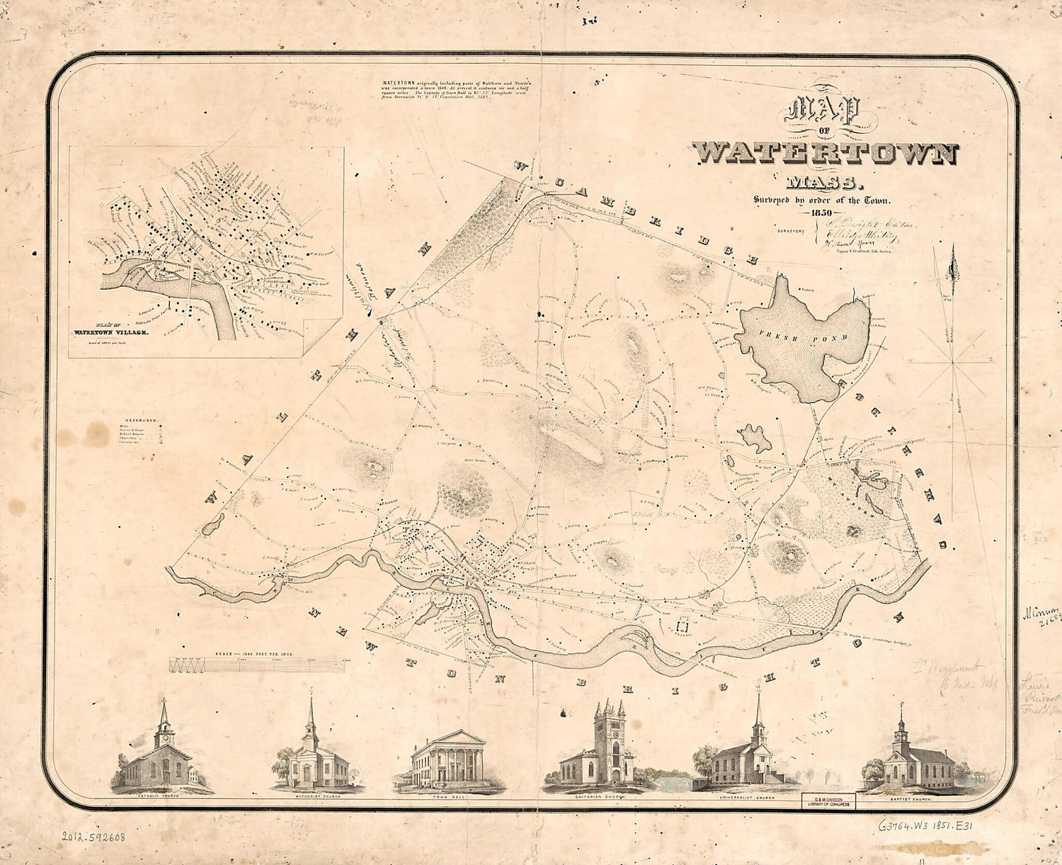 This old map of Map of Watertown, Massachusetts : Surveyed by Order of the Town, from 1850 (Map of Watertown, Massachusetts) was created by S. Dwight Eaton, William Mason,  Tappan &amp; Bradford, Ellridge Whiting in 1850