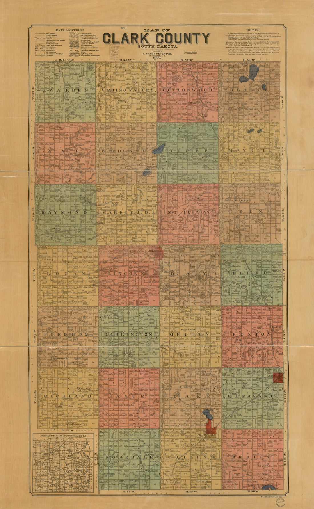 This old map of Map of Clark County, South Dakota : Compiled and Drawn from a Special Survey and Official Records from 1900 was created by E. Frank Peterson, S. Wangersheim in 1900