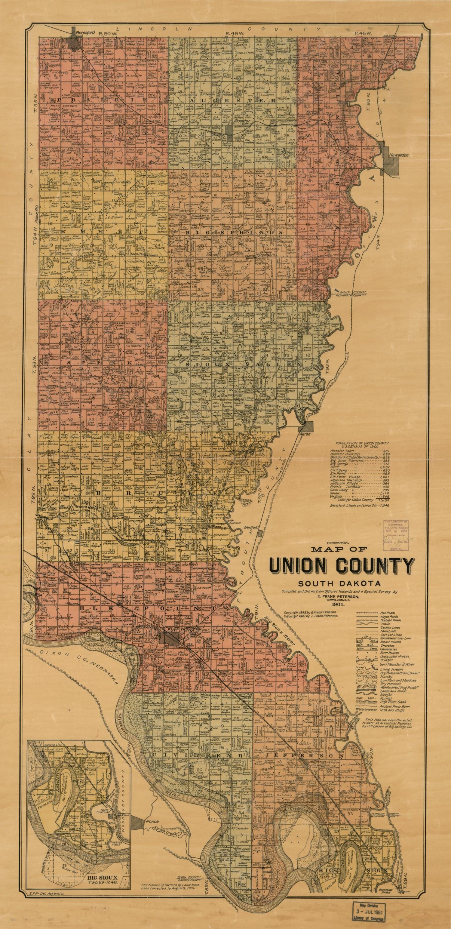 This old map of Map of Union County, South Dakota : Compiled and Drawn from Official Records and a Special Survey from 1892 was created by E. Frank Peterson in 1892