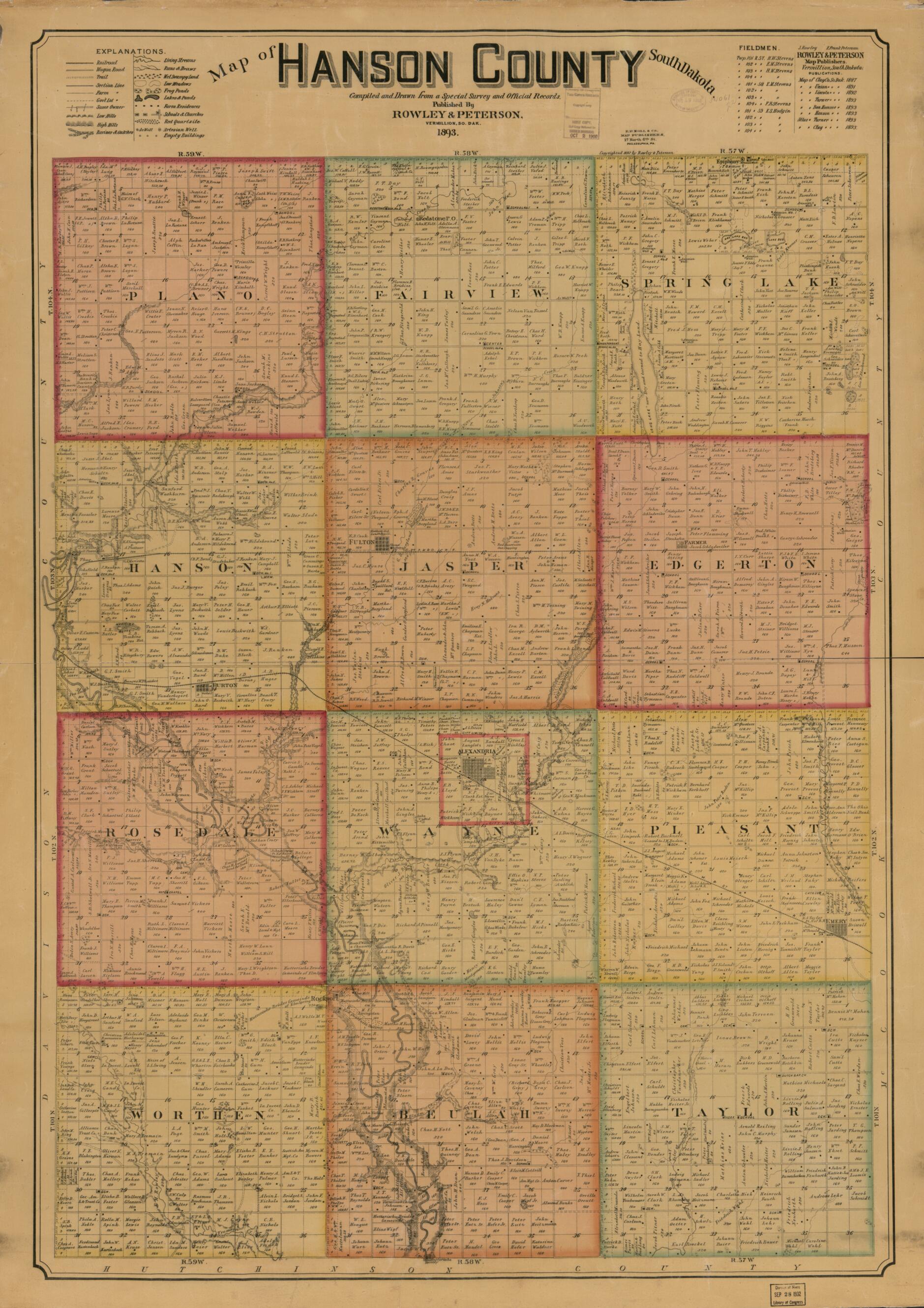 This old map of Map of Hanson County, South Dakota : Compiled and Drawn from a Special Survey and Official Records from 1893 was created by  E.P. Noll &amp; Co,  Rowley &amp; Peterson in 1893