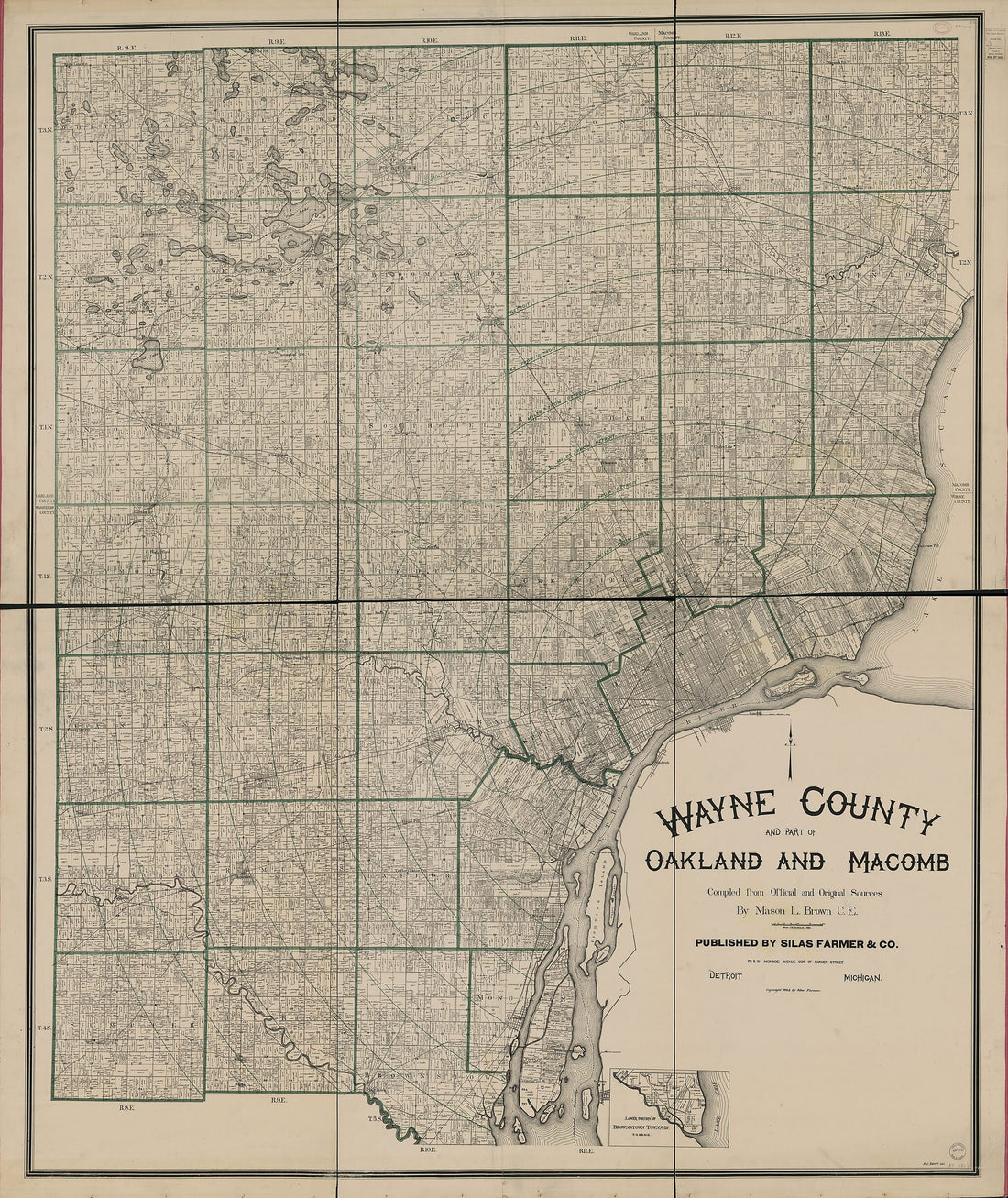 This old map of Wayne County and Part of Oakland and Macomb from 1894 was created by Mason L. Brown,  Silas Farmer &amp; Co in 1894