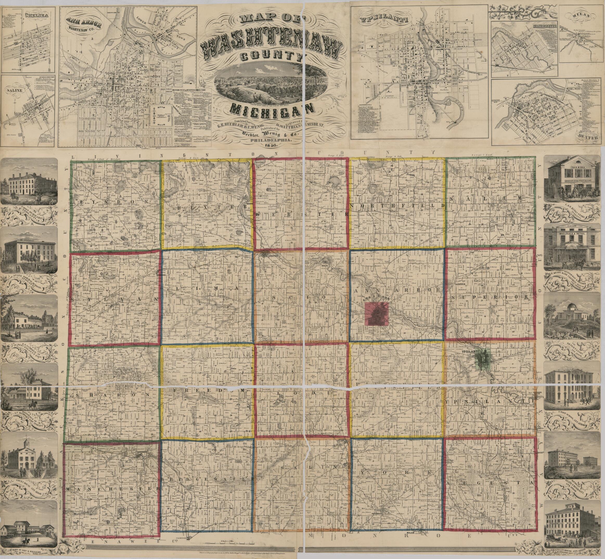 This old map of Map of Washtenaw County, Michigan : from Actual Surveys from 1856 was created by  Bechler &amp; Wenig, Gustavus R. Bechler, E. Wenig in 1856