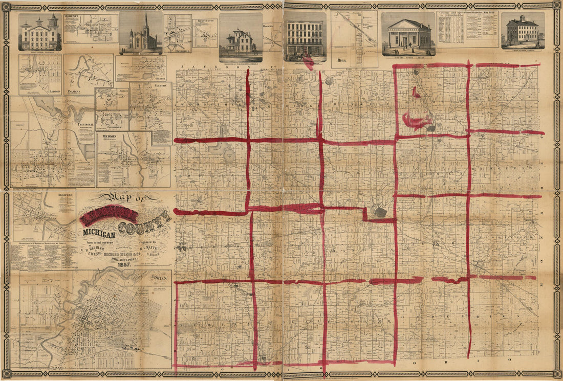 This old map of Map of Lenawee County, Michigan from 1857 was created by  Bechler &amp; Wenig in 1857