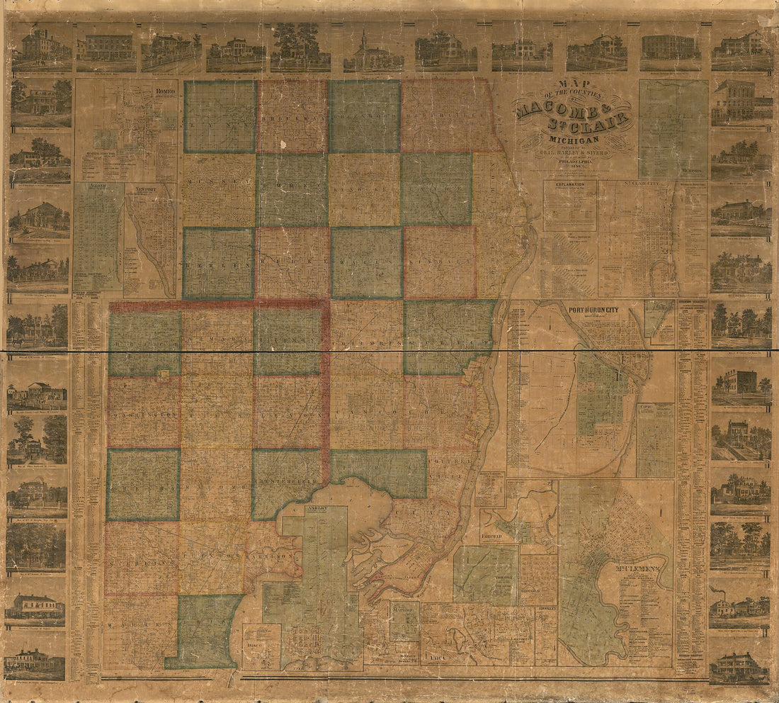 This old map of Map of the Counties of Macomb &amp; St. Clair, Michigan from 1859 was created by  Geil &amp; Jones, Robert Pearsall Smith,  Worley &amp; Bracher in 1859