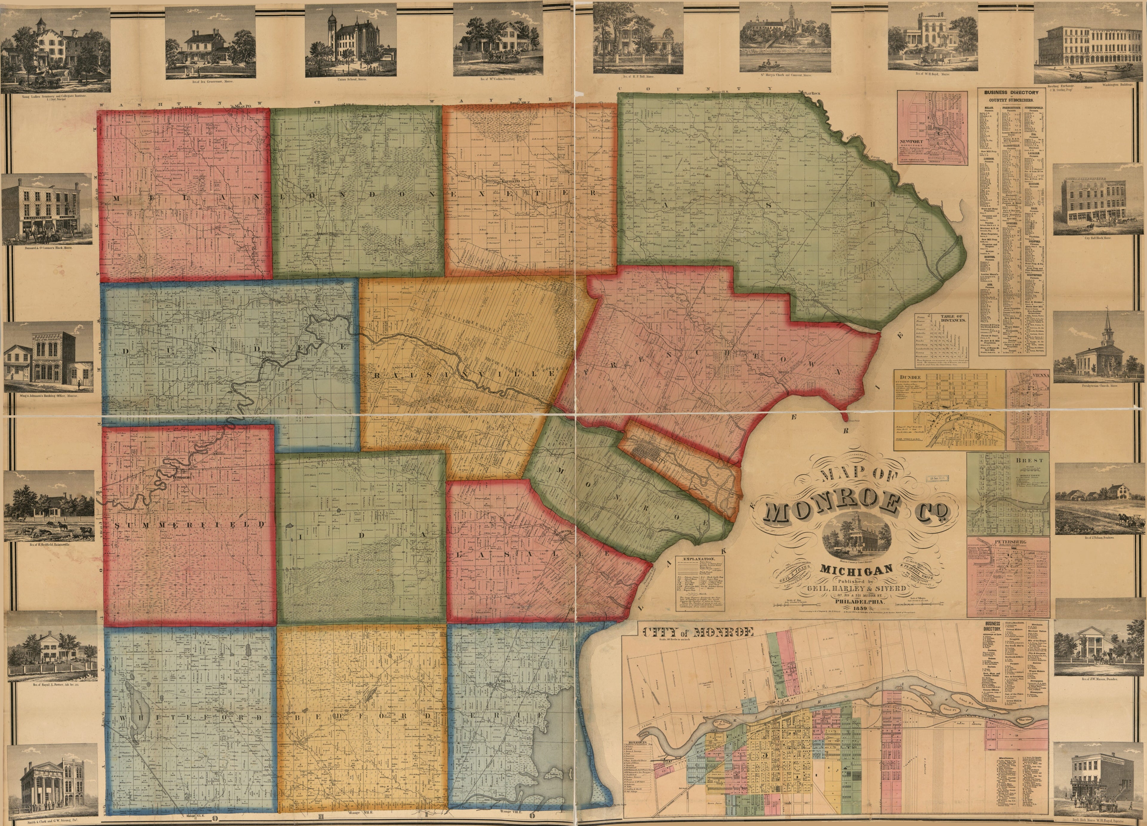 This old map of Map of Monroe County, Michigan from 1859 was created by  Geil and Jones, Harley &amp; Siverd Geil, Robert Pearsall Smith,  Worley &amp; Bracher in 1859