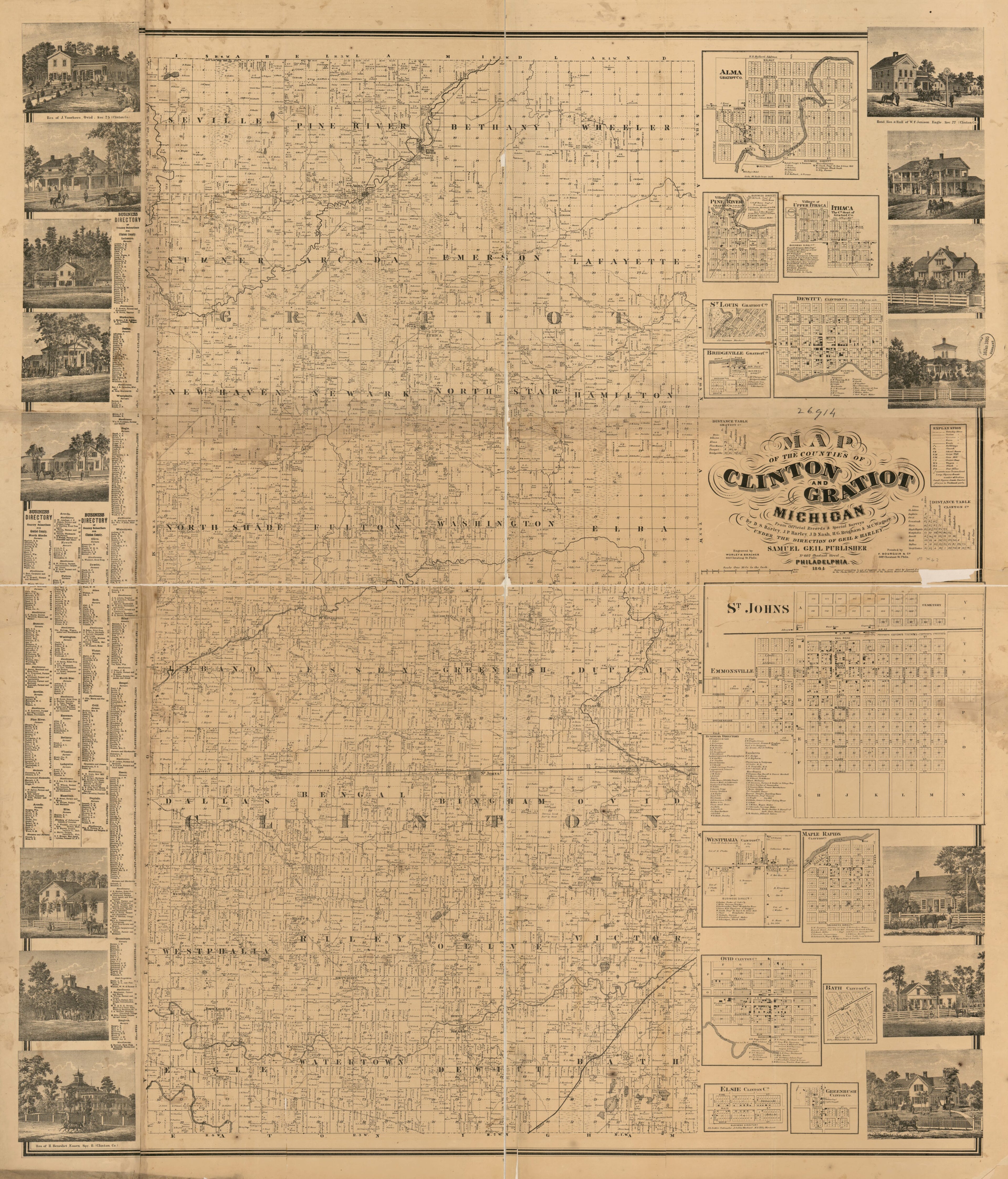 This old map of Map of the Counties of Clinton and Gratiot, Michigan from 1864 was created by  F. Bourqin &amp; Co,  Geil &amp; Harley, Samuel Geil,  Worley &amp; Bracher in 1864