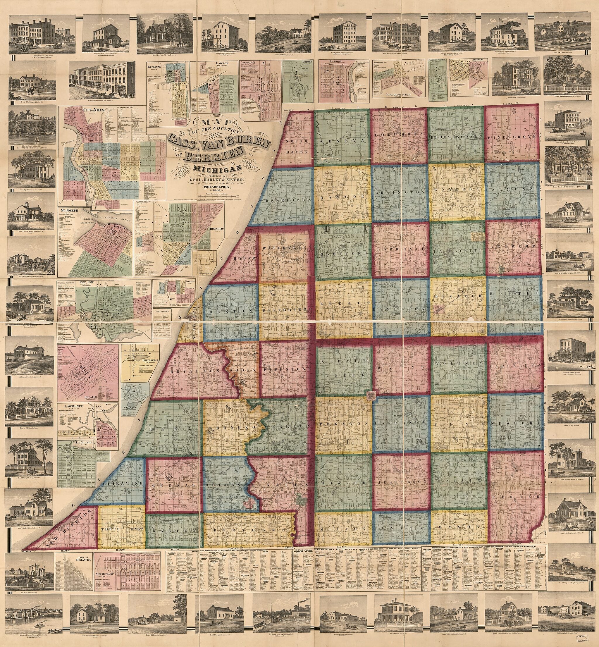 This old map of Map of the Counties of Cass, Van Buren, and Berrien Michigan from 1859 was created by  Geil and Jones, Harley &amp; Siverd Geil, Robert Pearsall Smith,  Worley &amp; Bracher in 1859