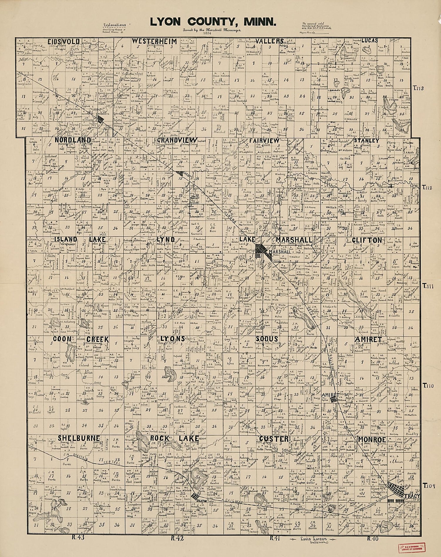 This old map of Lyon County, Minnesota from 1884 was created by Louis Larson in 1884