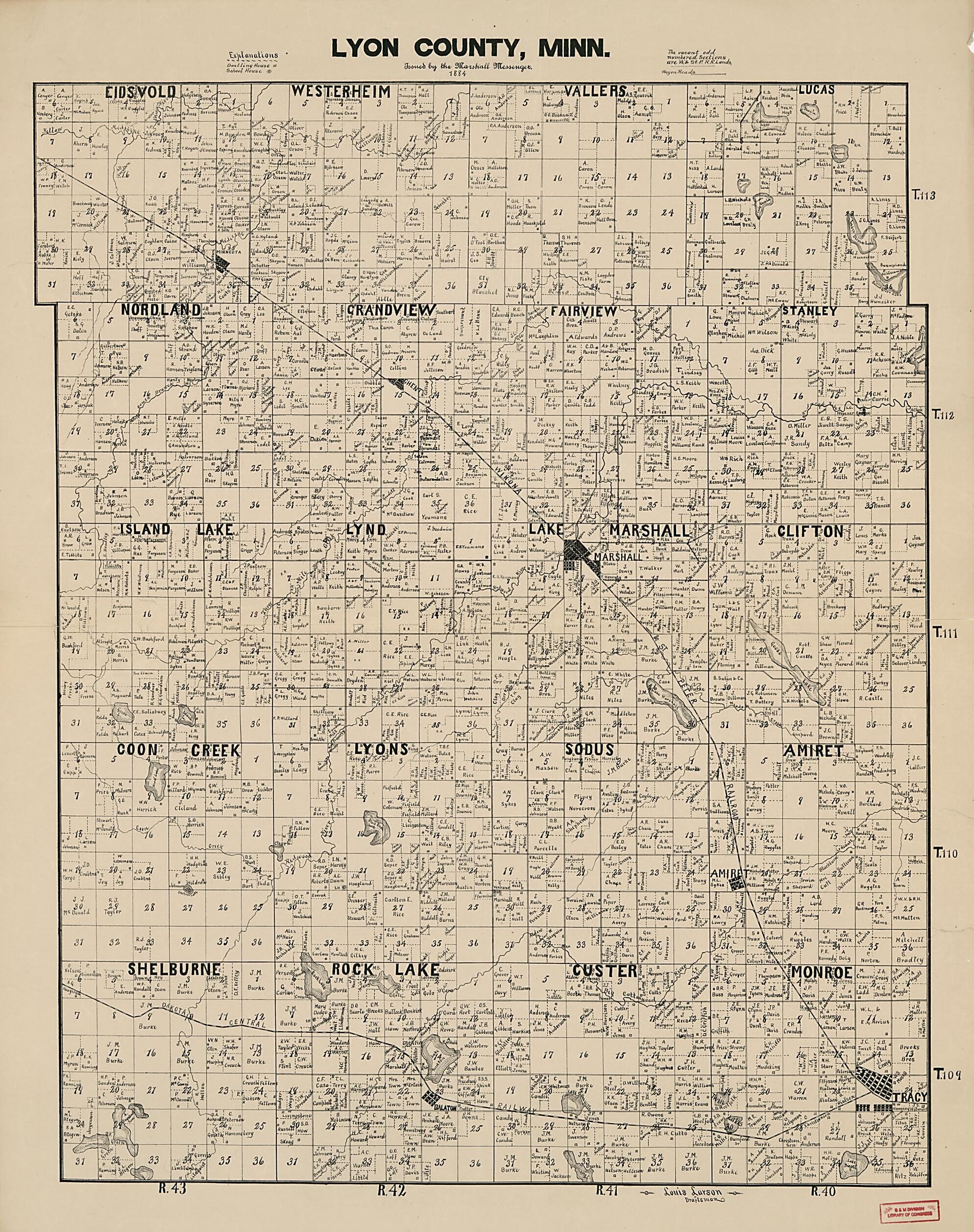 This old map of Lyon County, Minnesota from 1884 was created by Louis Larson in 1884